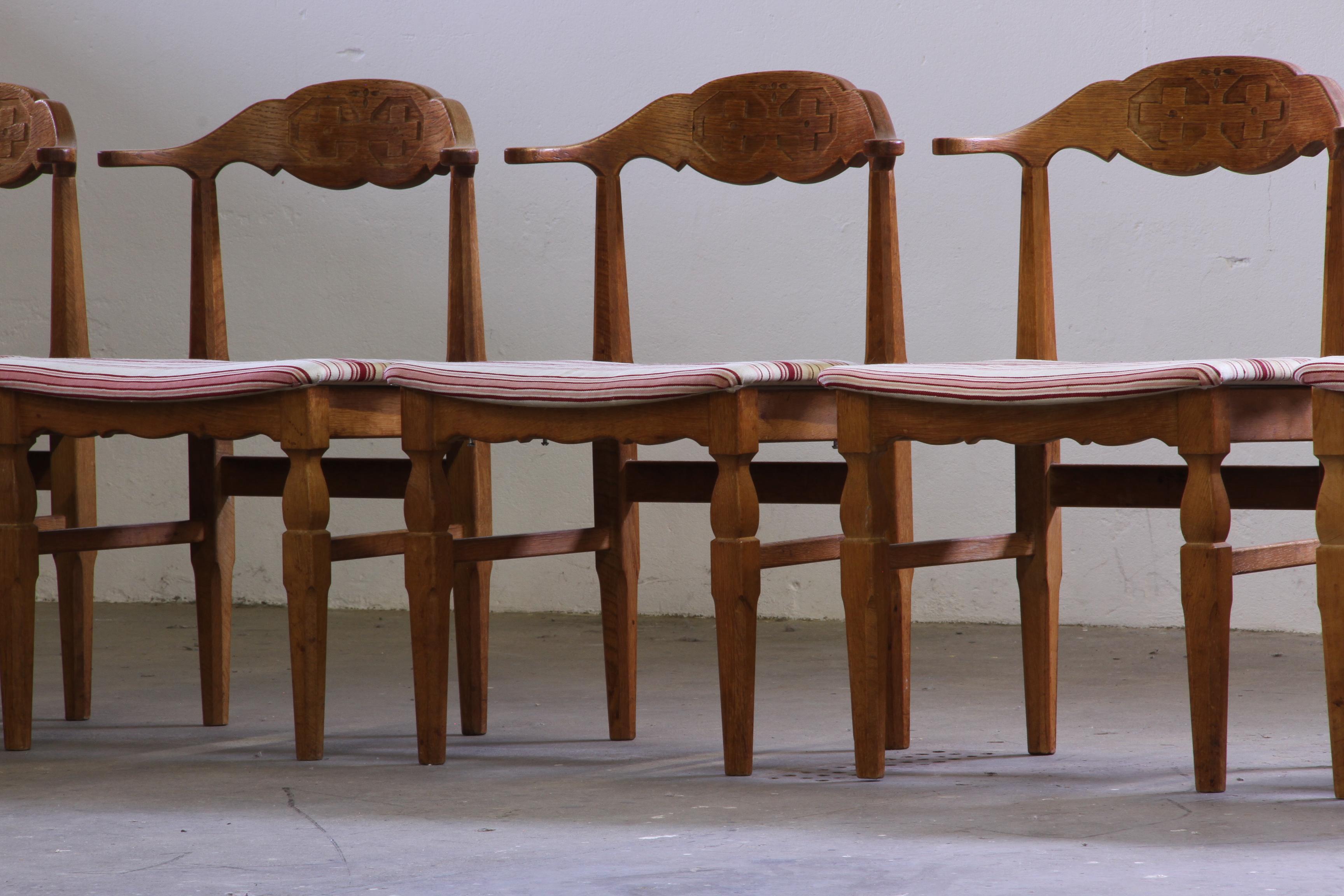 Brutalisme Vintage 60s Set of 6 Solid Oak Danish Design Dining Room Chairs, Kjærnulf style en vente