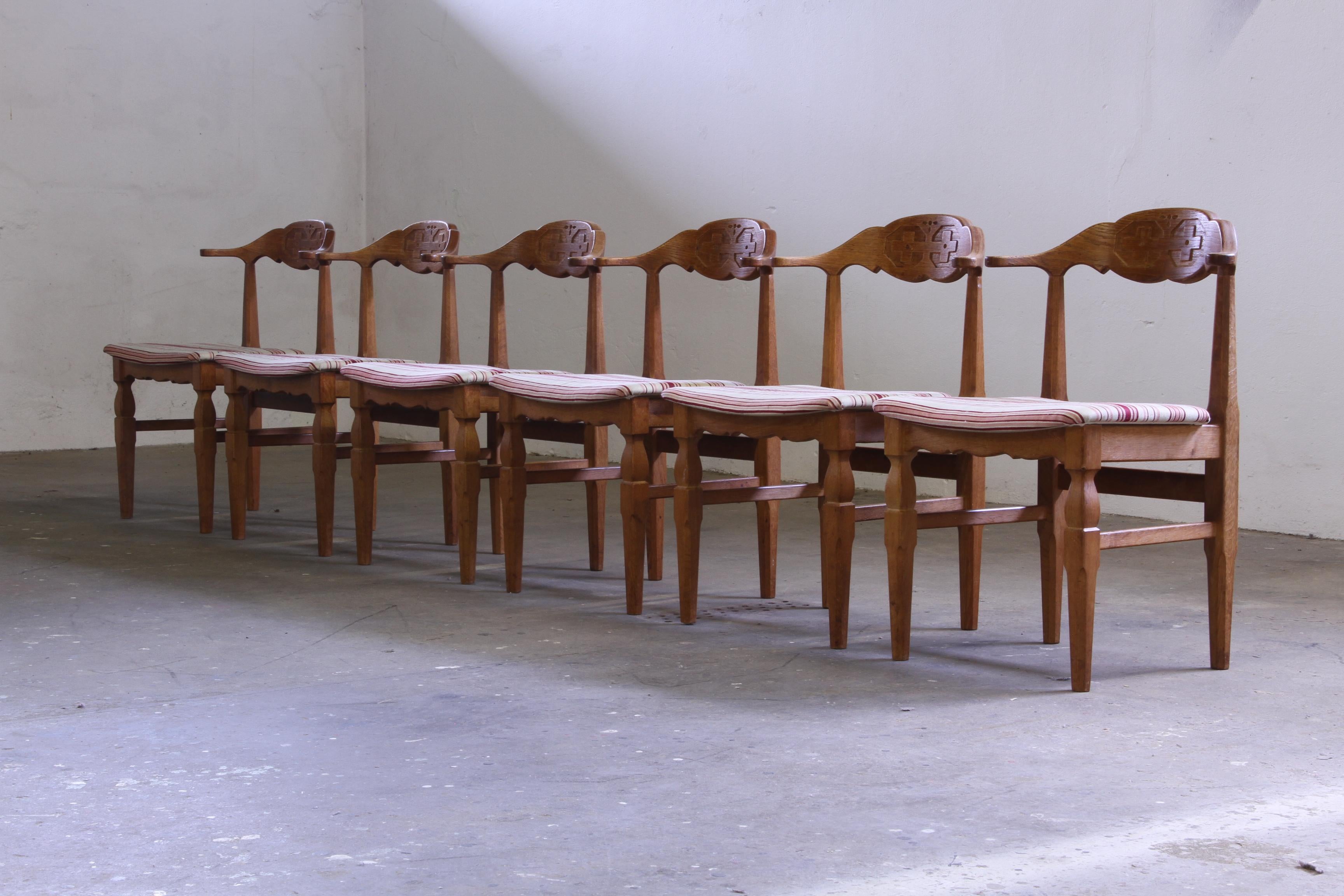 Danois Vintage 60s Set of 6 Solid Oak Danish Design Dining Room Chairs, Kjærnulf style en vente