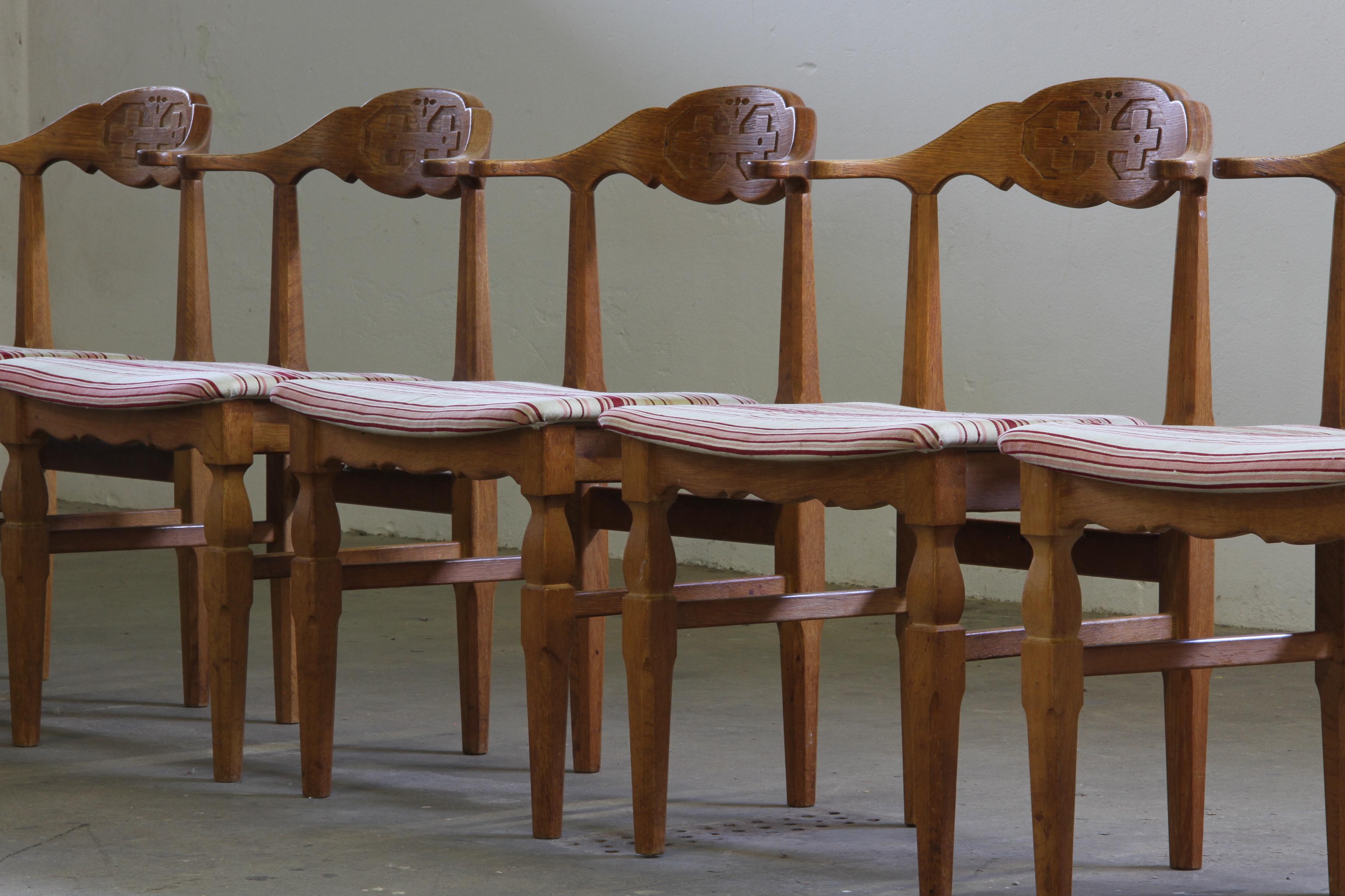 Sculpté Vintage 60s Set of 6 Solid Oak Danish Design Dining Room Chairs, Kjærnulf style en vente