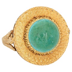 Vintage 60s Turquoise Ring 18k Yellow Gold Round Cocktail Fine Jewelry Sz 6