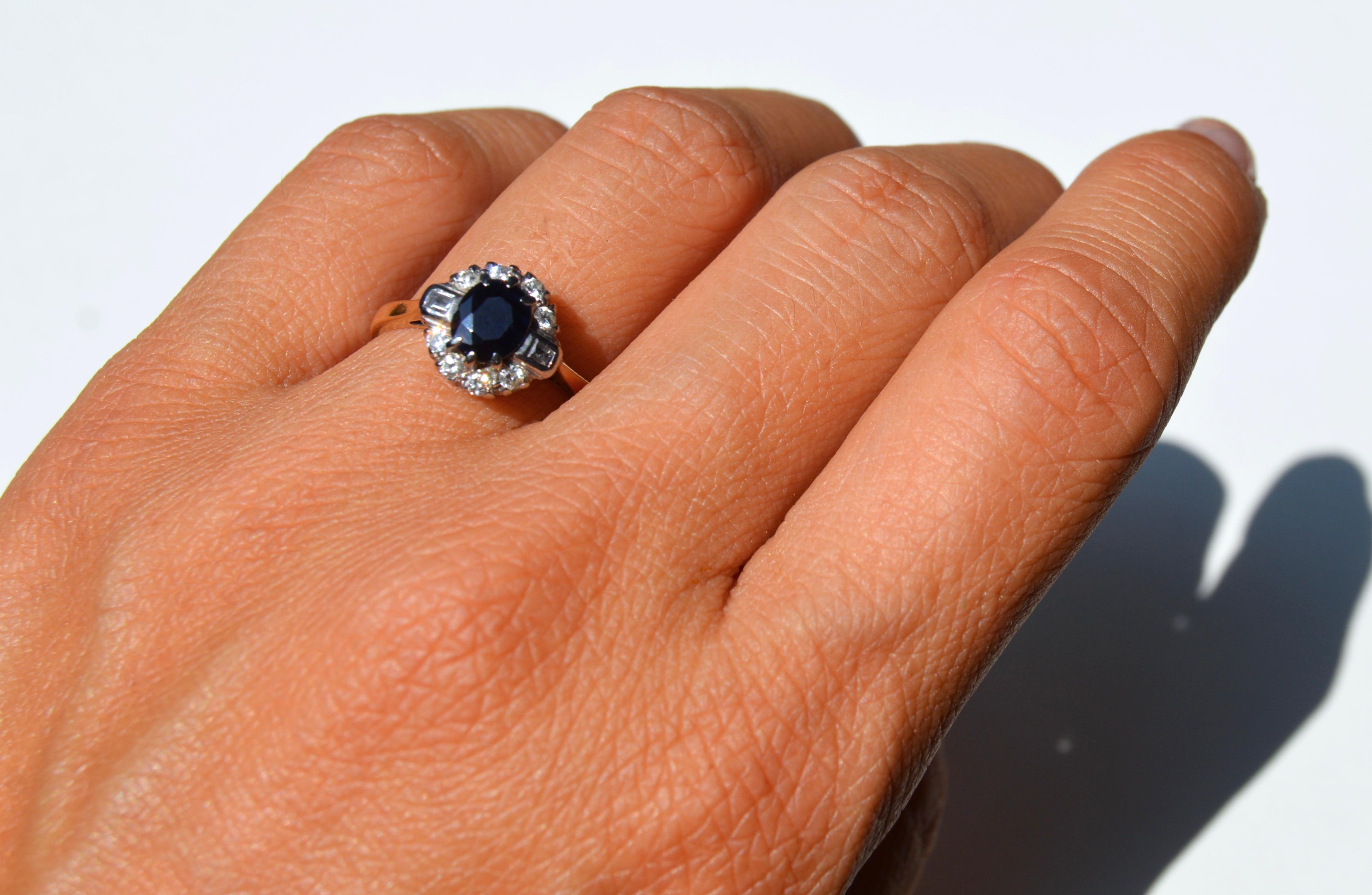 Retro Vintage .61 Carat Sapphire Diamond Halo 18 Karat Gold Engagement Ring