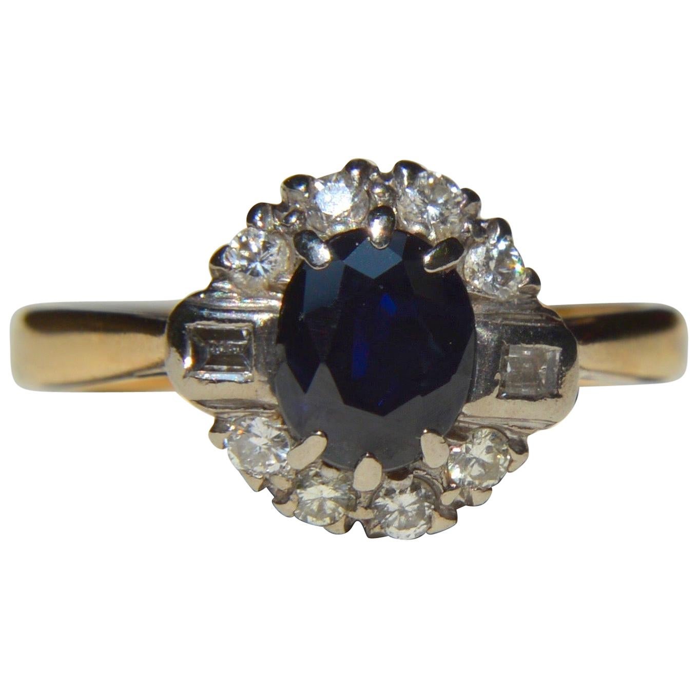 Vintage .61 Carat Sapphire Diamond Halo 18 Karat Gold Engagement Ring