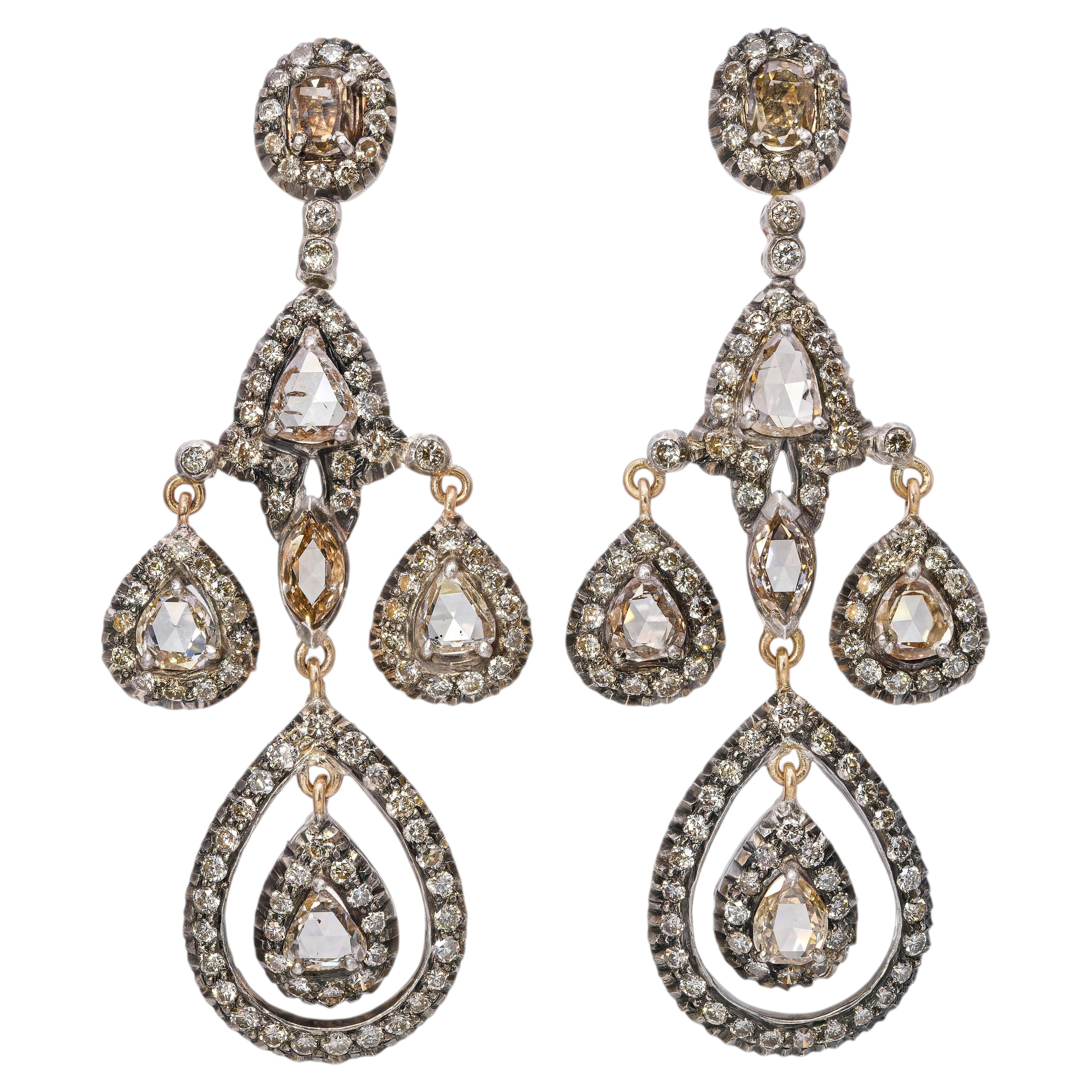 Vintage-Ohrringe aus 9-karätigem Roségold mit Sterling-Silber und Diamanten im Rosenschliff, insgesamt 6,16 Karat