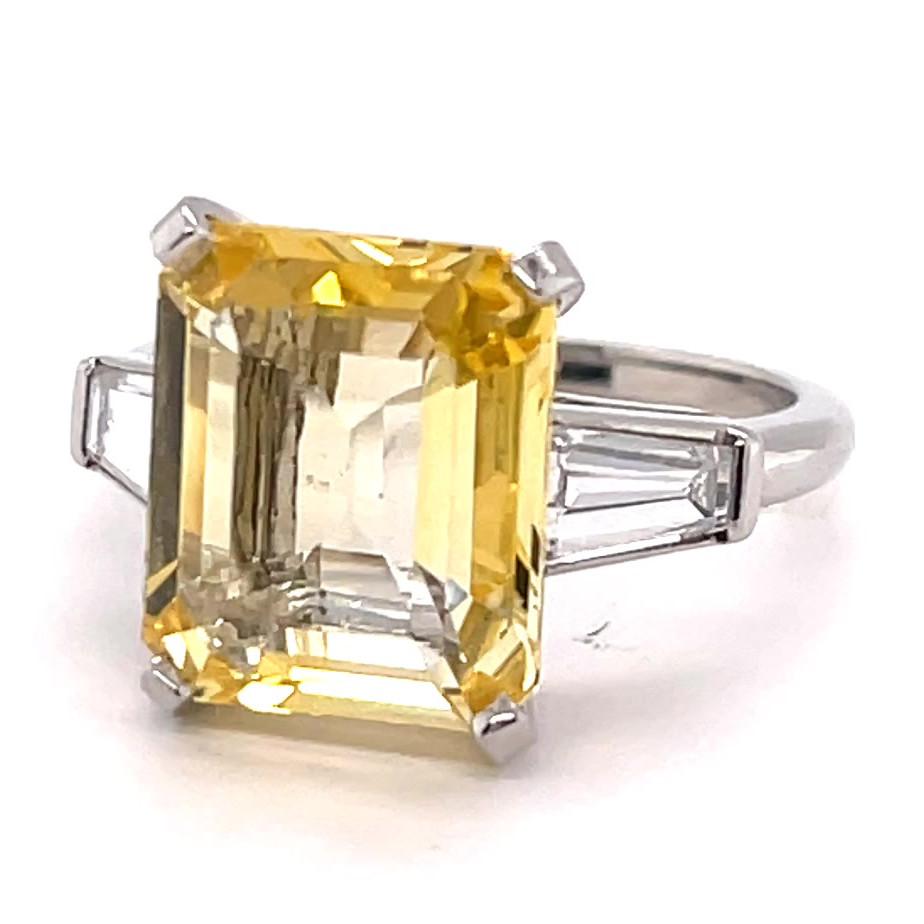 Emerald Cut Vintage 6.17 Carat Yellow Sapphire Diamond Platinum Ring