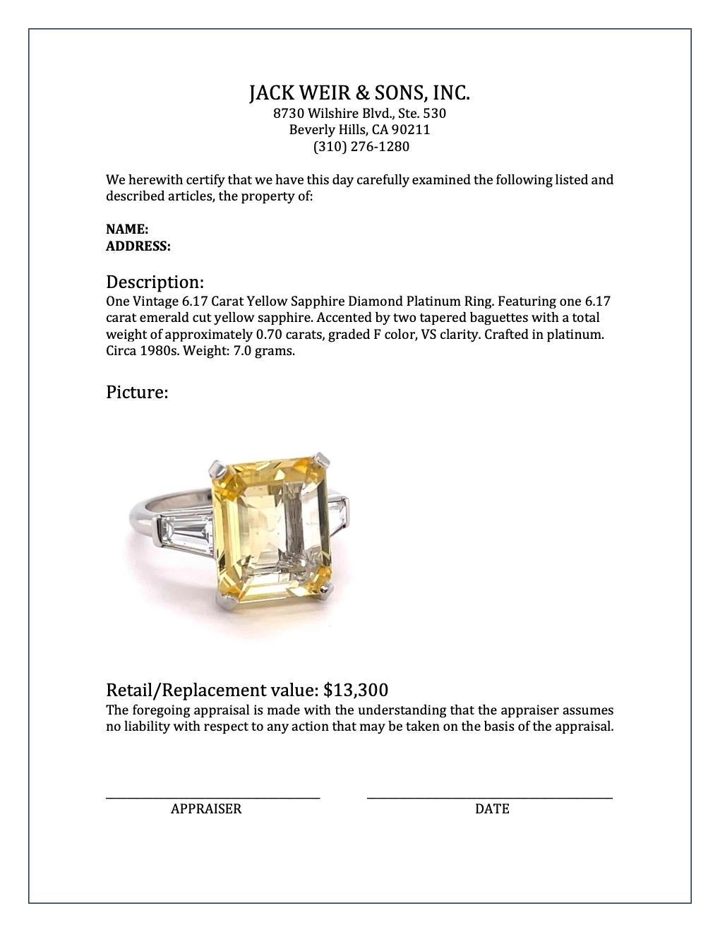 Women's or Men's Vintage 6.17 Carat Yellow Sapphire Diamond Platinum Ring