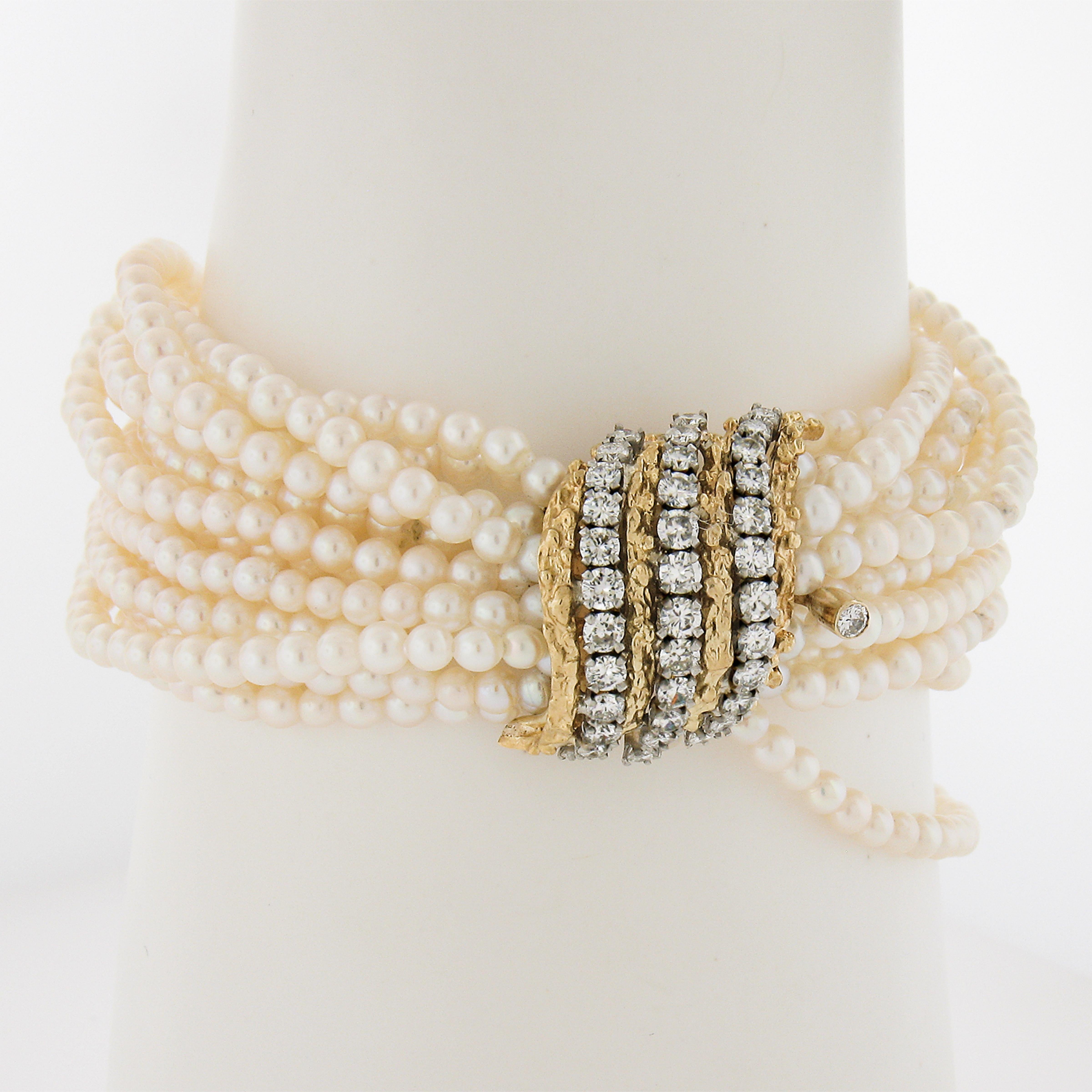 --Stone(s):--
Numerous Genuine Culture Pears - Round Bead Shape - White Color - 3.3mm (approx.)
(37) Natural Genuine Diamonds - Round Brilliant Cut - Prong & Bezel Set - F/G Color - VS1-SI1 Clarity - 1.10-1.35ctw (approx.)

Material: Solid 18k