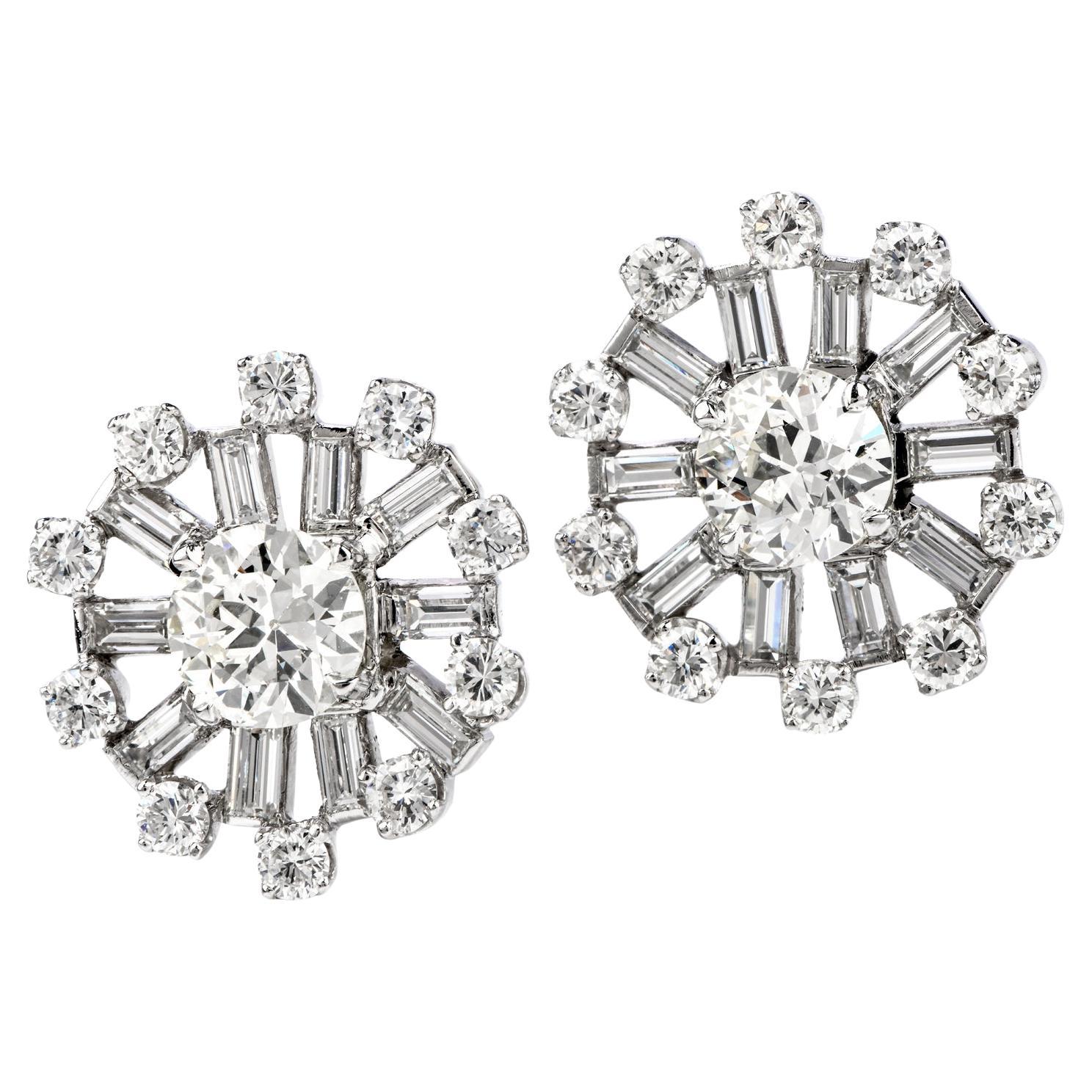 Vintage 6.25cts  European Cut Diamond Platinum Clip-on Stud Earrings