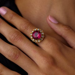 Vintage 6.30 carat pink tourmaline diamond 18k yellow gold cluster ring