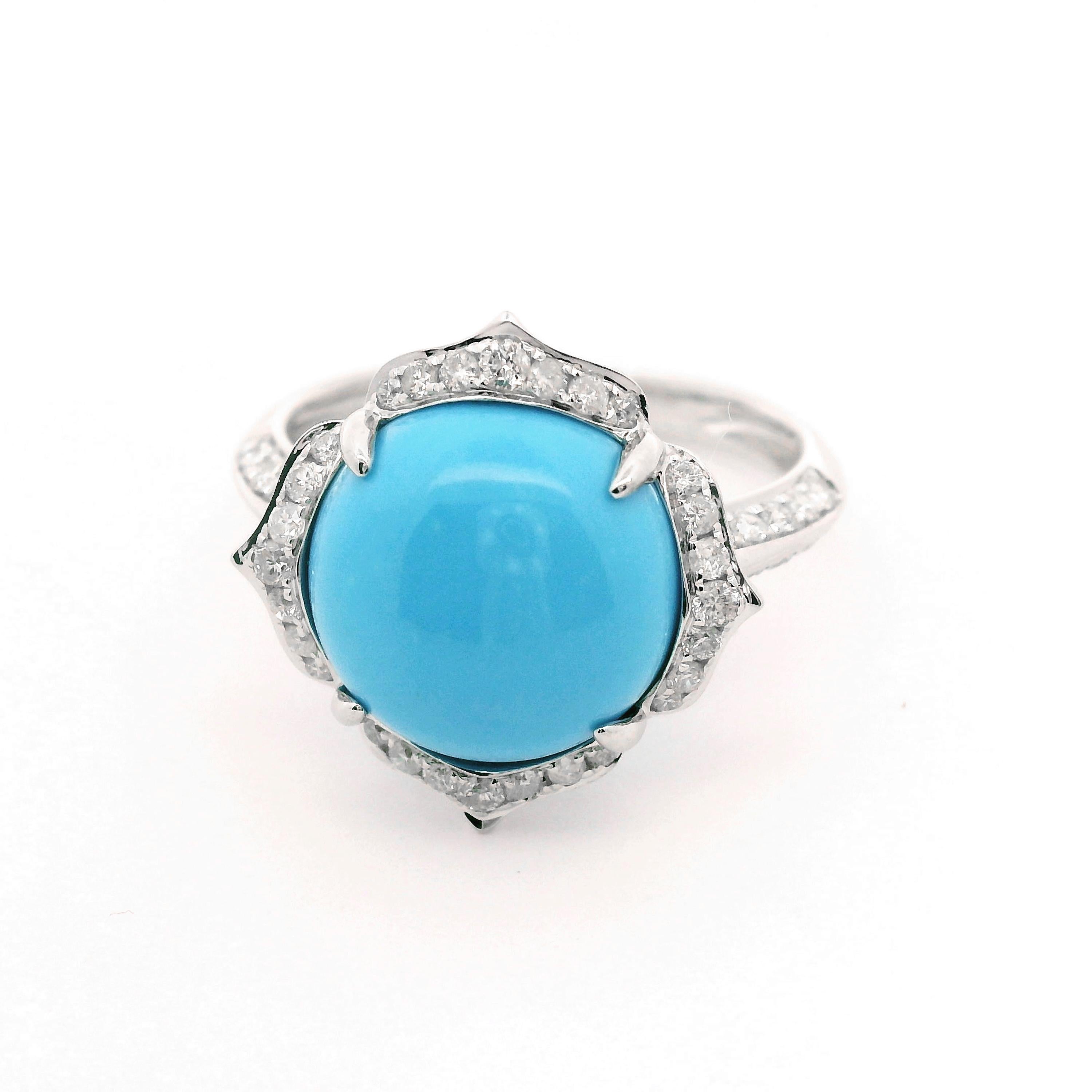 Art Deco Vintage 6.41Ct Sleeping Beauty Turquoise Diamond Ring in 14K White Solid Gold For Sale