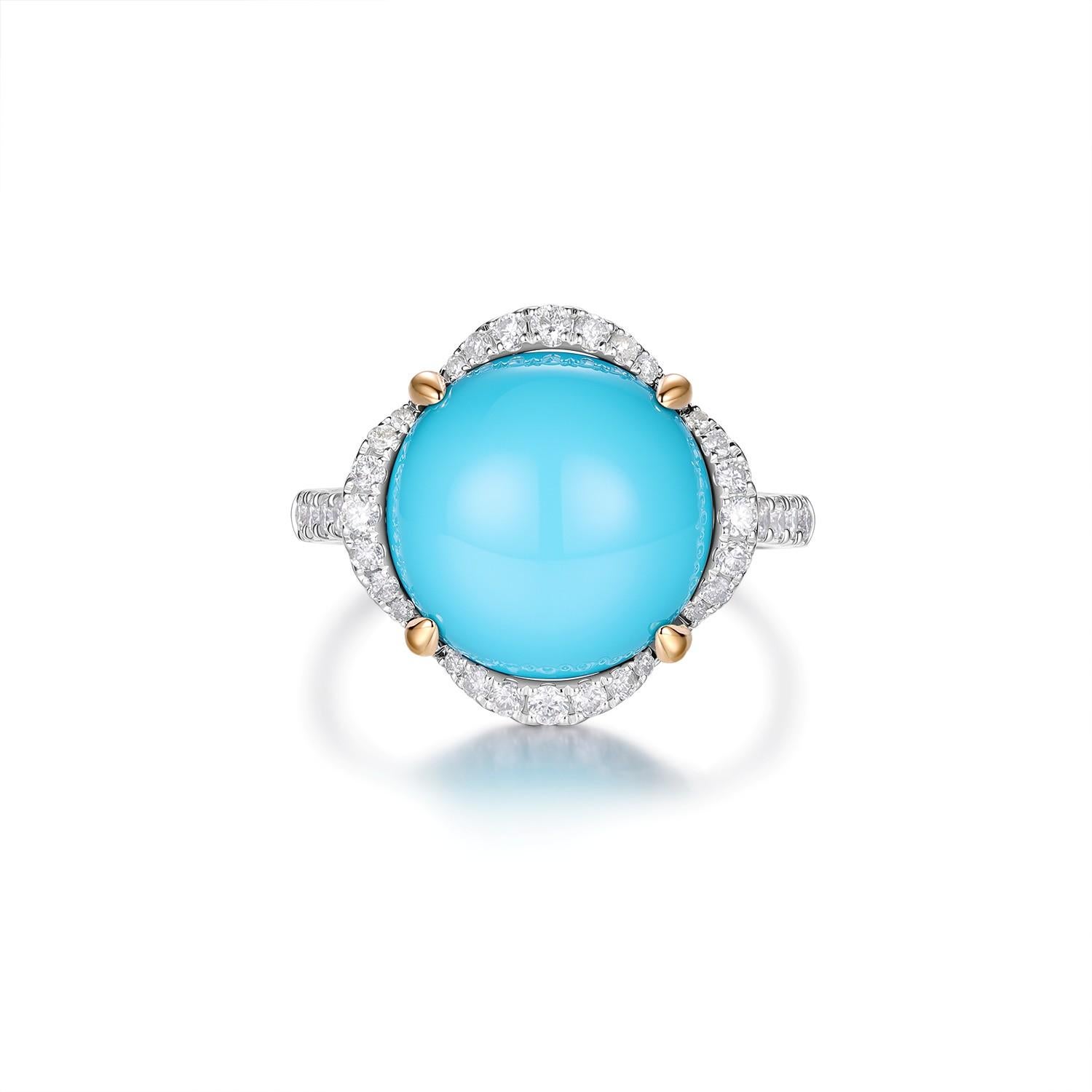 Dieser elegante Ring aus massivem 14-karätigem Weißgold enthält einen wunderschönen 6,41-karätigen Dornröschen-Türkis, der für seine satte blaue Farbe und seine glatte, glänzende Oberfläche geschätzt wird. Der schlafende Schönheitstürkis ist von