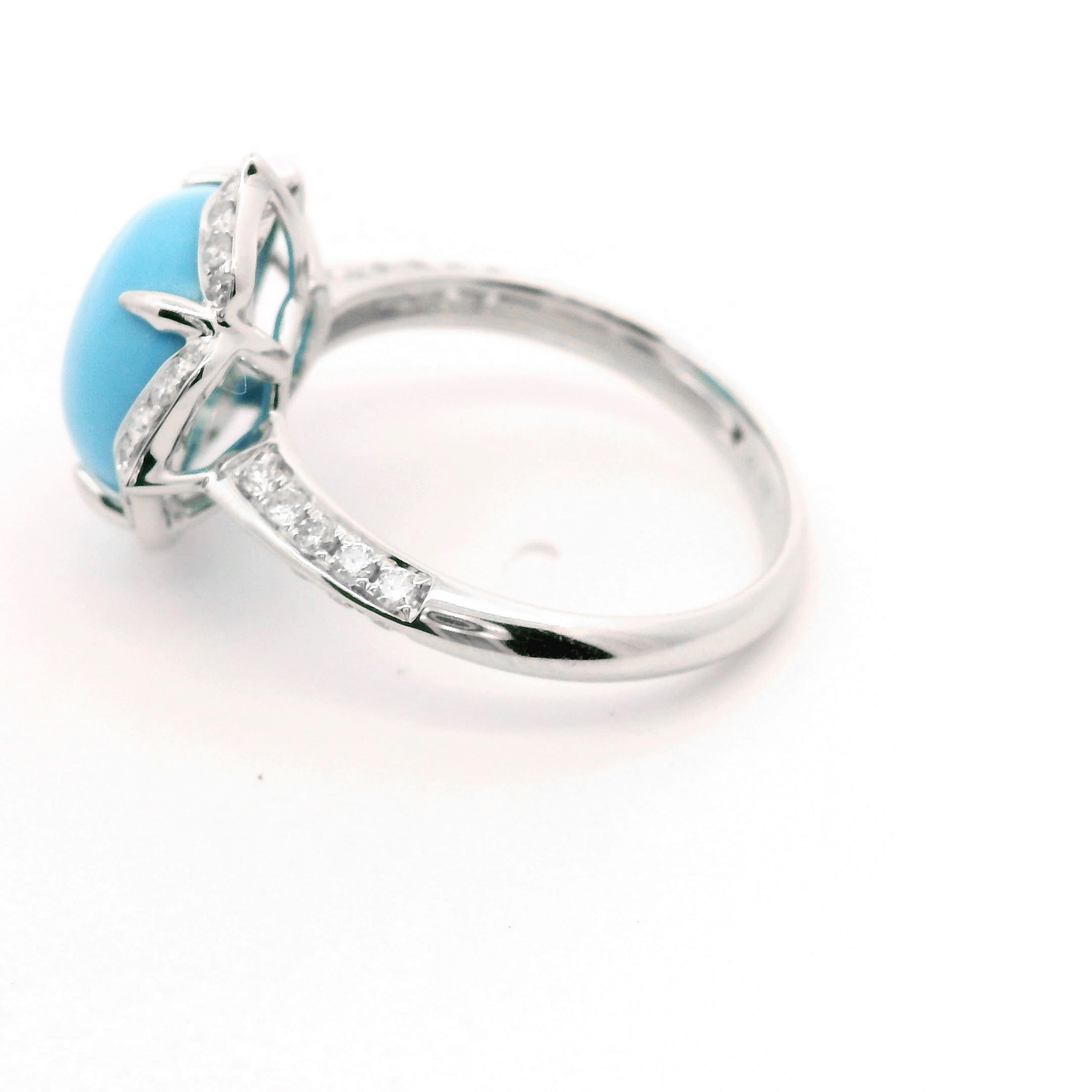 Cabochon Vintage 6.41Ct Sleeping Beauty Turquoise Diamond Ring in 14K White Solid Gold For Sale