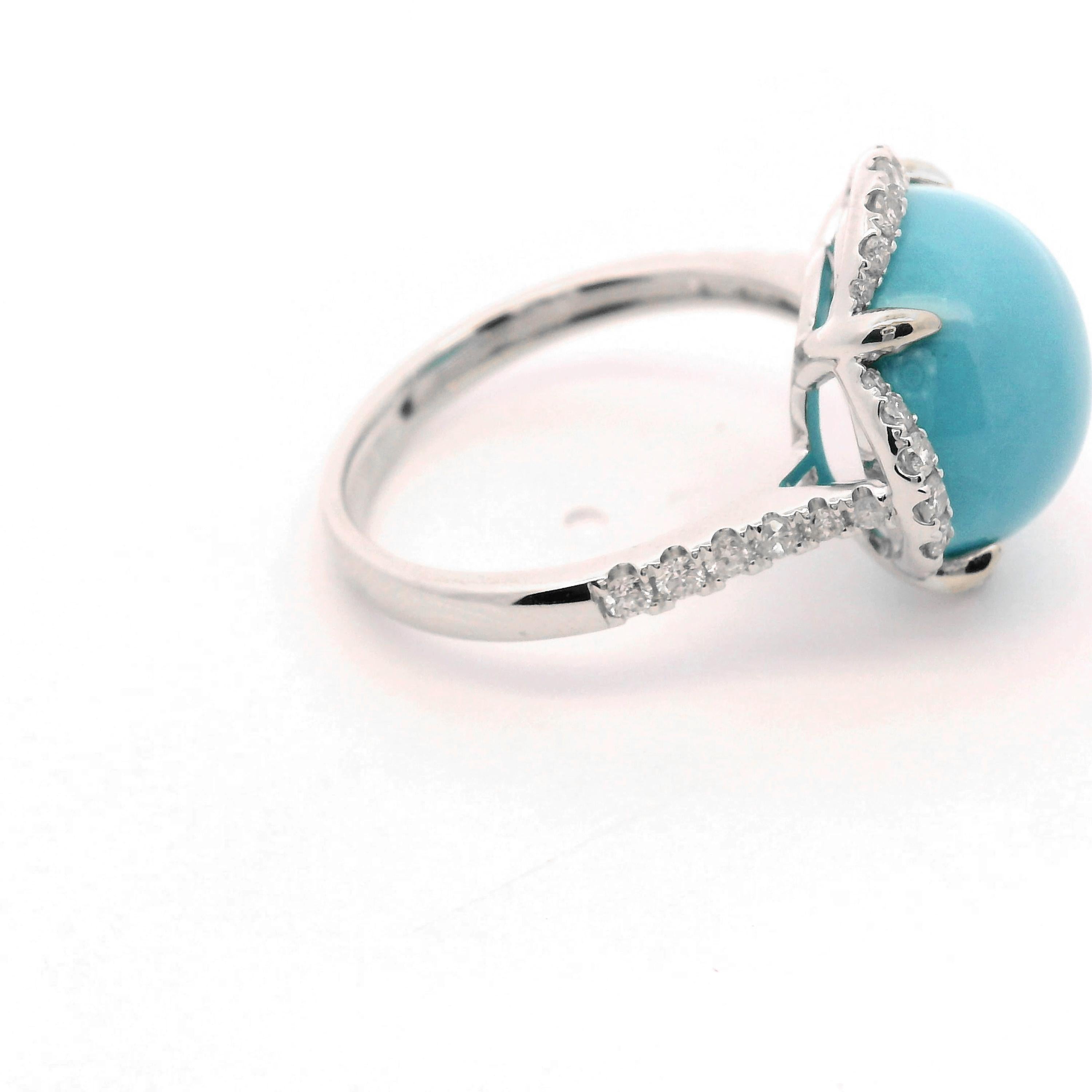 Cabochon Vintage 6.41Ct Sleeping Beauty Turquoise Diamond Ring in 14K White Solid Gold