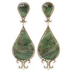 Boucles d'oreilles doubles vintage en or jaune 18 carats et quartz de jaspe couleur sang de 64,20 carats