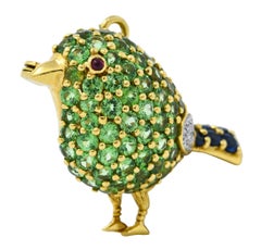 Vintage 6.45 Carats Sapphire Diamond 18 Karat Gold Bird Pendant Brooch