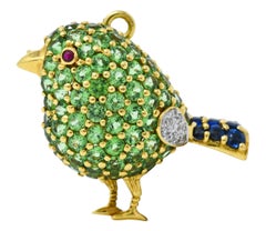 Vintage 6.45 Carats Sapphire Diamond 18 Karat Gold Bird Pendant Brooch