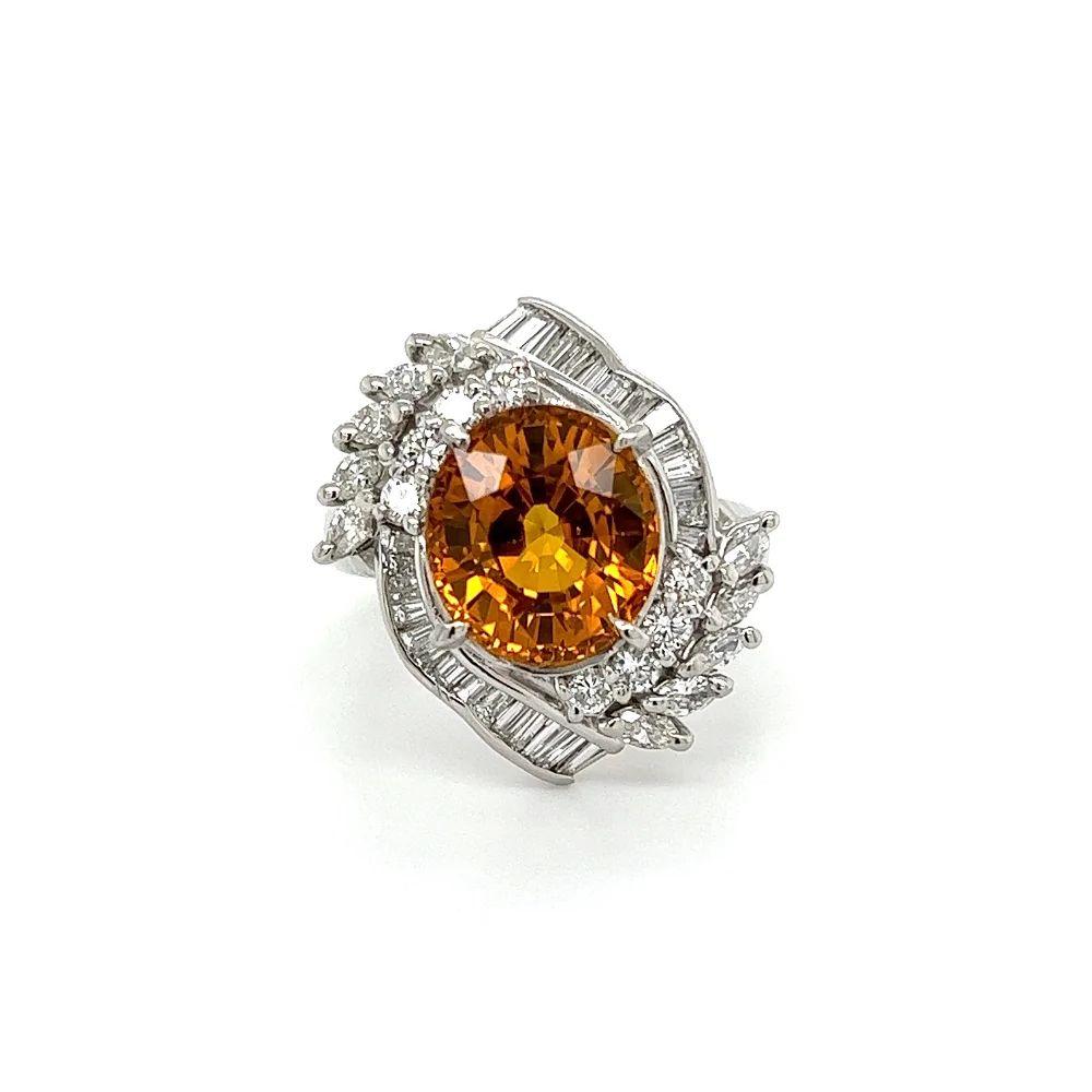Modern Vintage 6.46 Carat Orange Sapphire and Diamond Platinum Cocktail Ring For Sale