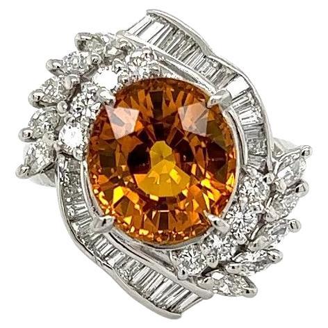 Vintage 6.46 Carat Orange Sapphire and Diamond Platinum Cocktail Ring