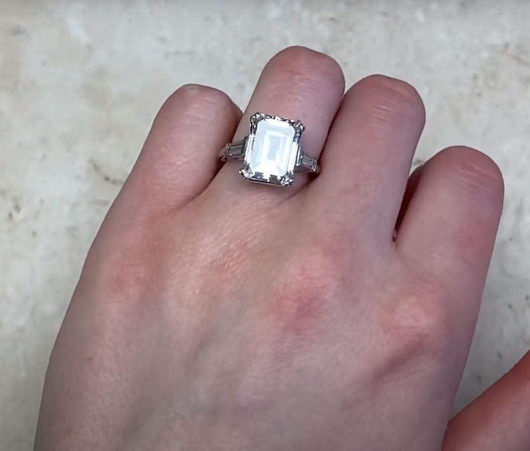 Vintage 6.49ct Emerald Cut Diamond Engagement Ring, Platinum, Circa 1950 For Sale 6
