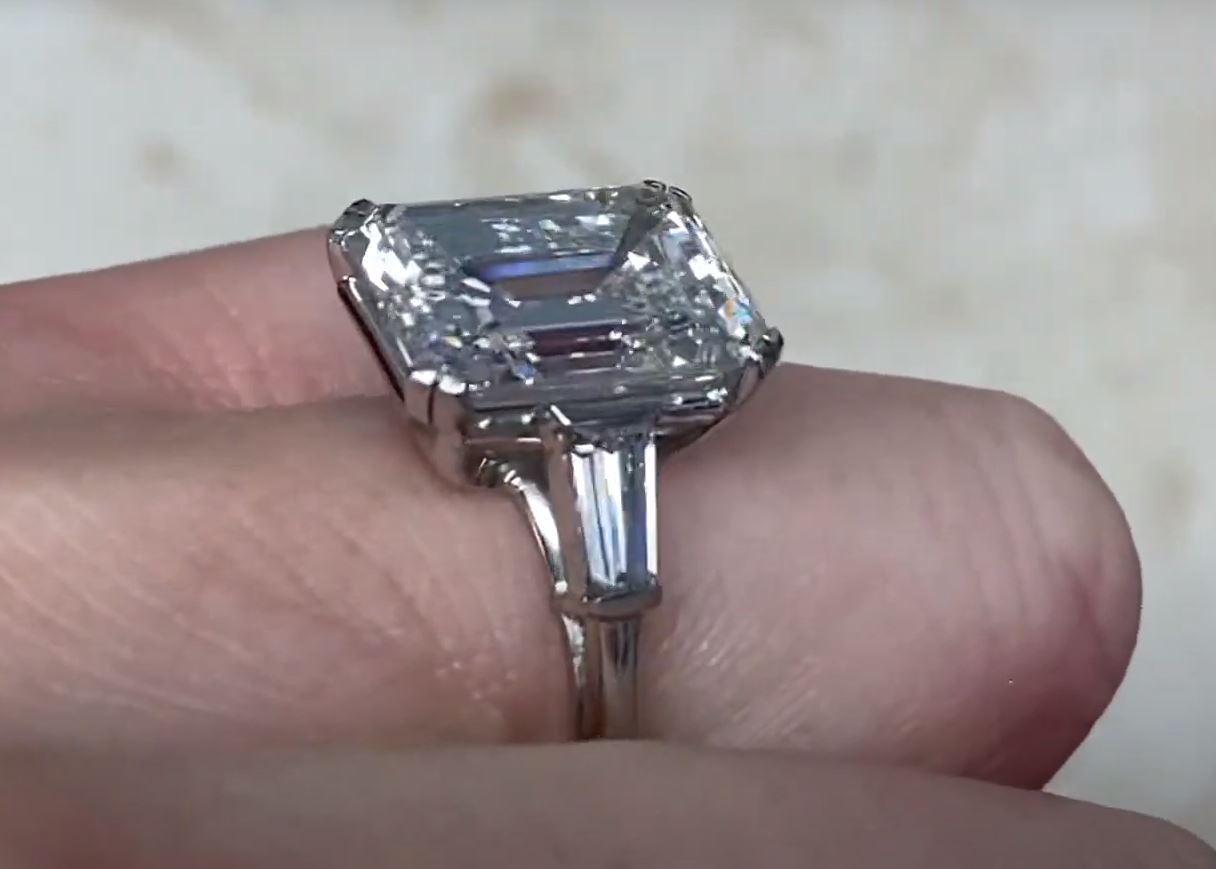 Vintage 6.49ct Emerald Cut Diamond Engagement Ring, Platinum, Circa 1950 For Sale 4