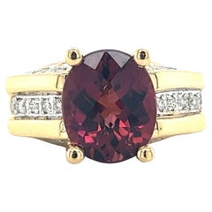 Vintage 6.5 Carat Red Tourmaline with Round Diamonds in 2-Tone 18K Gold Ring