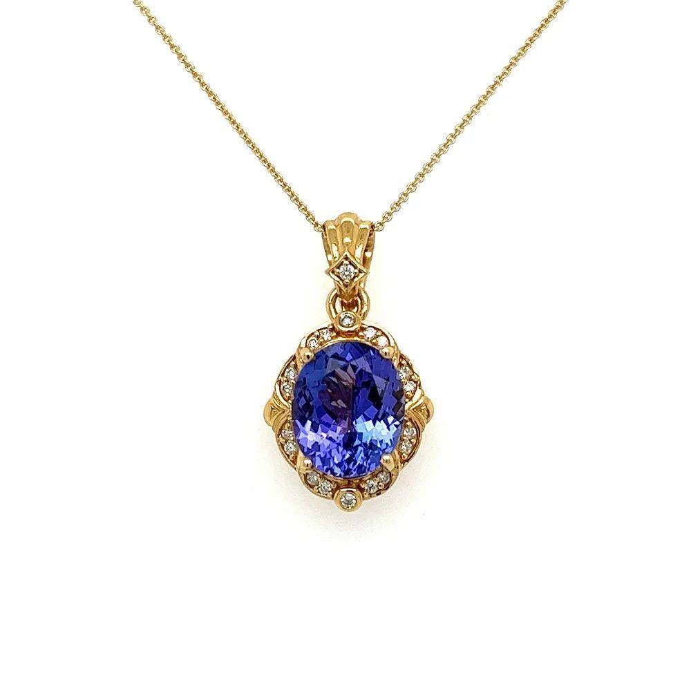 Oval Cut Vintage 6.50 Carat Oval Tanzanite and Diamond Gold Drop Pendant Necklace For Sale