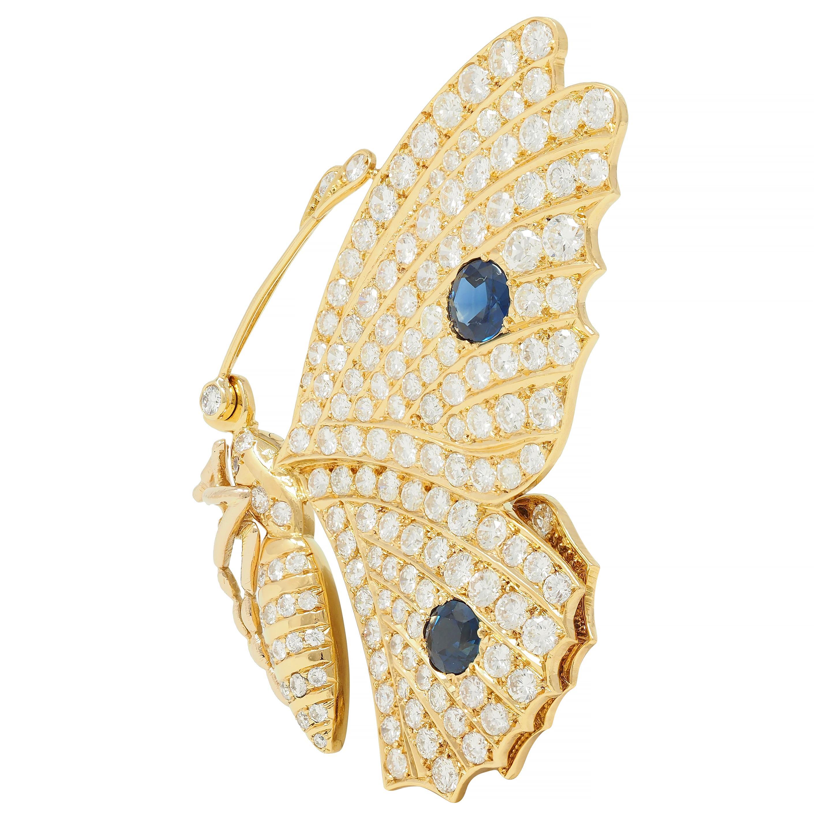 Round Cut Vintage 6.50 CTW Sapphire Diamond 18 Karat Yellow Gold Vintage Butterfly Brooch For Sale