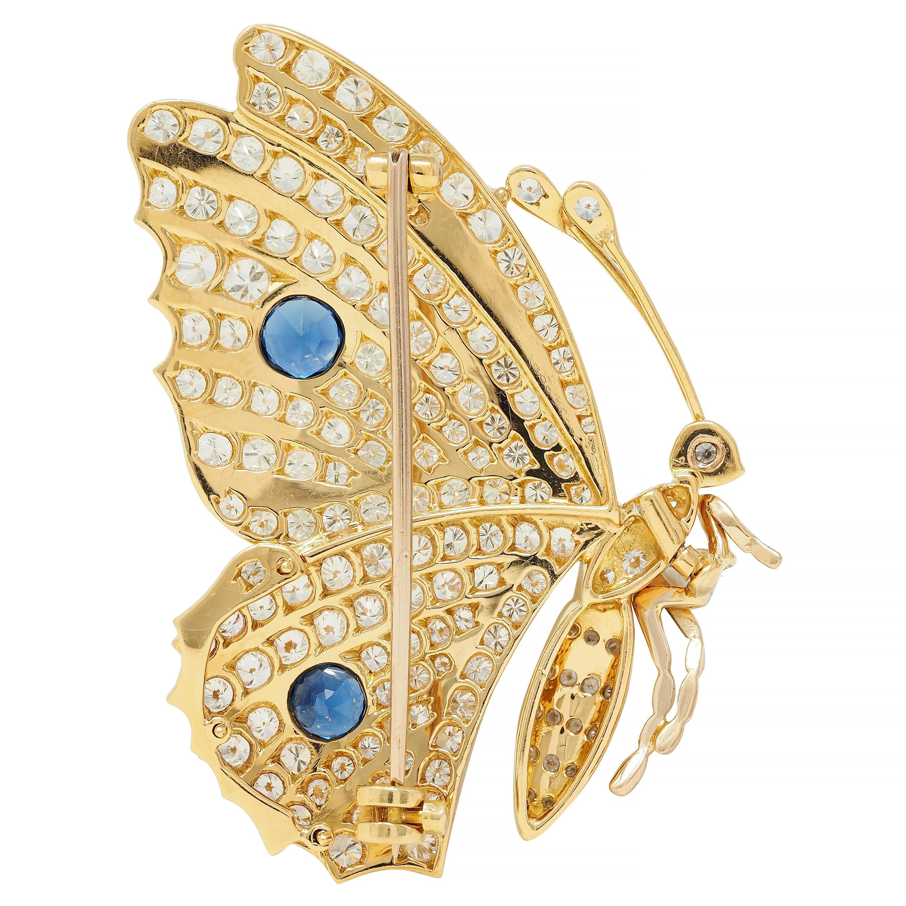 Women's or Men's Vintage 6.50 CTW Sapphire Diamond 18 Karat Yellow Gold Vintage Butterfly Brooch For Sale