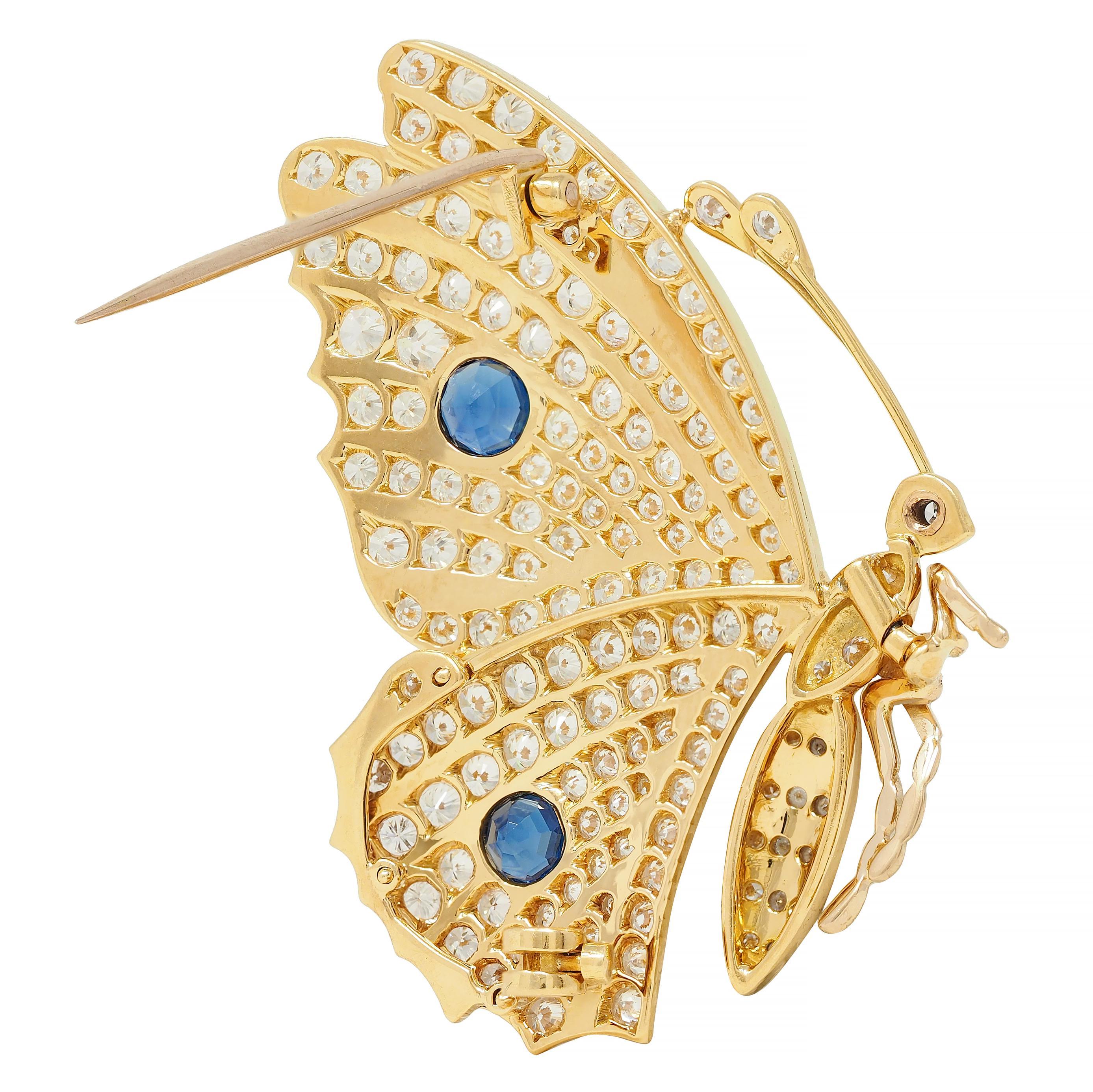 Vintage 6.50 CTW Sapphire Diamond 18 Karat Yellow Gold Vintage Butterfly Brooch For Sale 2