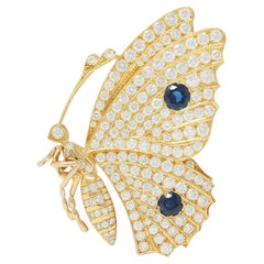 Broche papillon vintage en or jaune 18 carats, diamants et saphir 6,50 carats