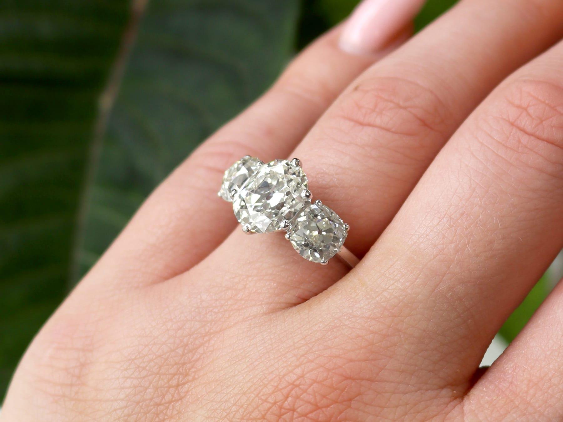 A stunning 6.52 carat diamond and 18 carat white gold three stone engagement ring; part of our diverse diamond jewellery and estate jewelry collections.

This stunning, fine and impressive three stone diamond ring has been crafted in 18k white