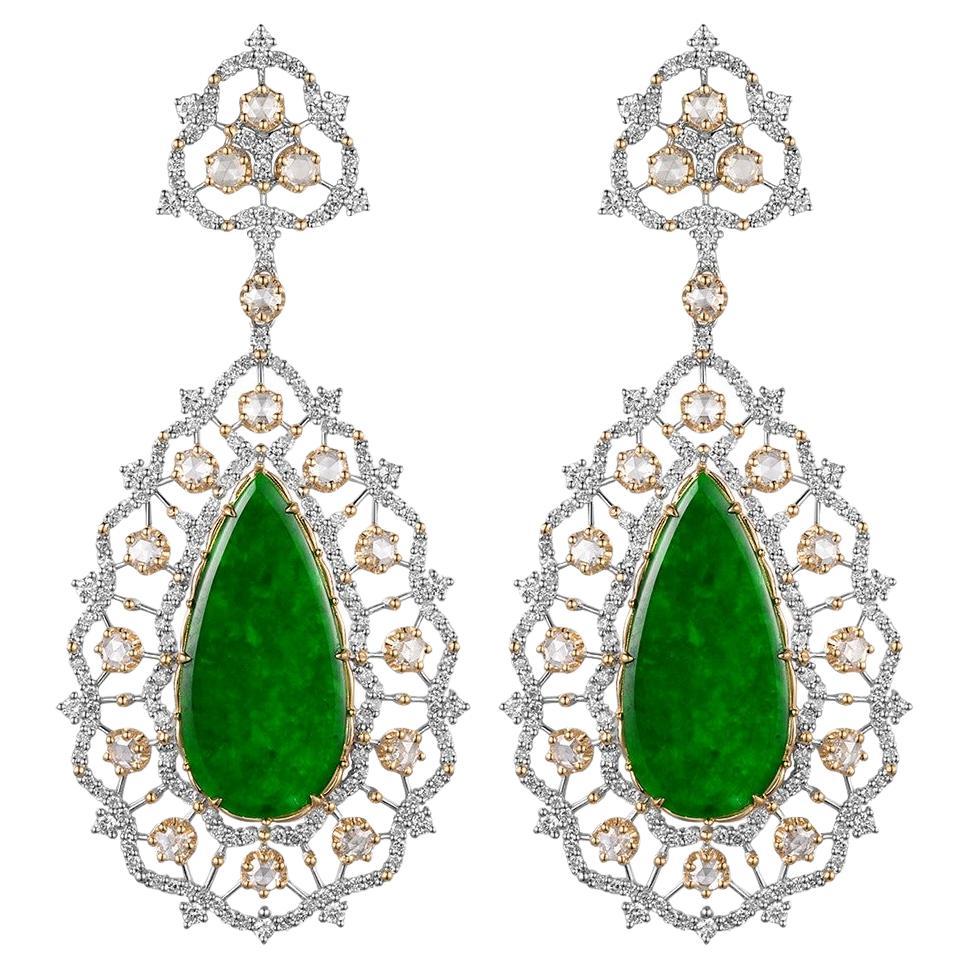 Vintage 6.54 Total Carat Jadeite and Diamond Drop Earring in 18 Karat Gold For Sale