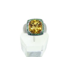 Vintage 6.57 Carat Cushion Citrine and Tsavorite Sterling Silver Cocktail Ring