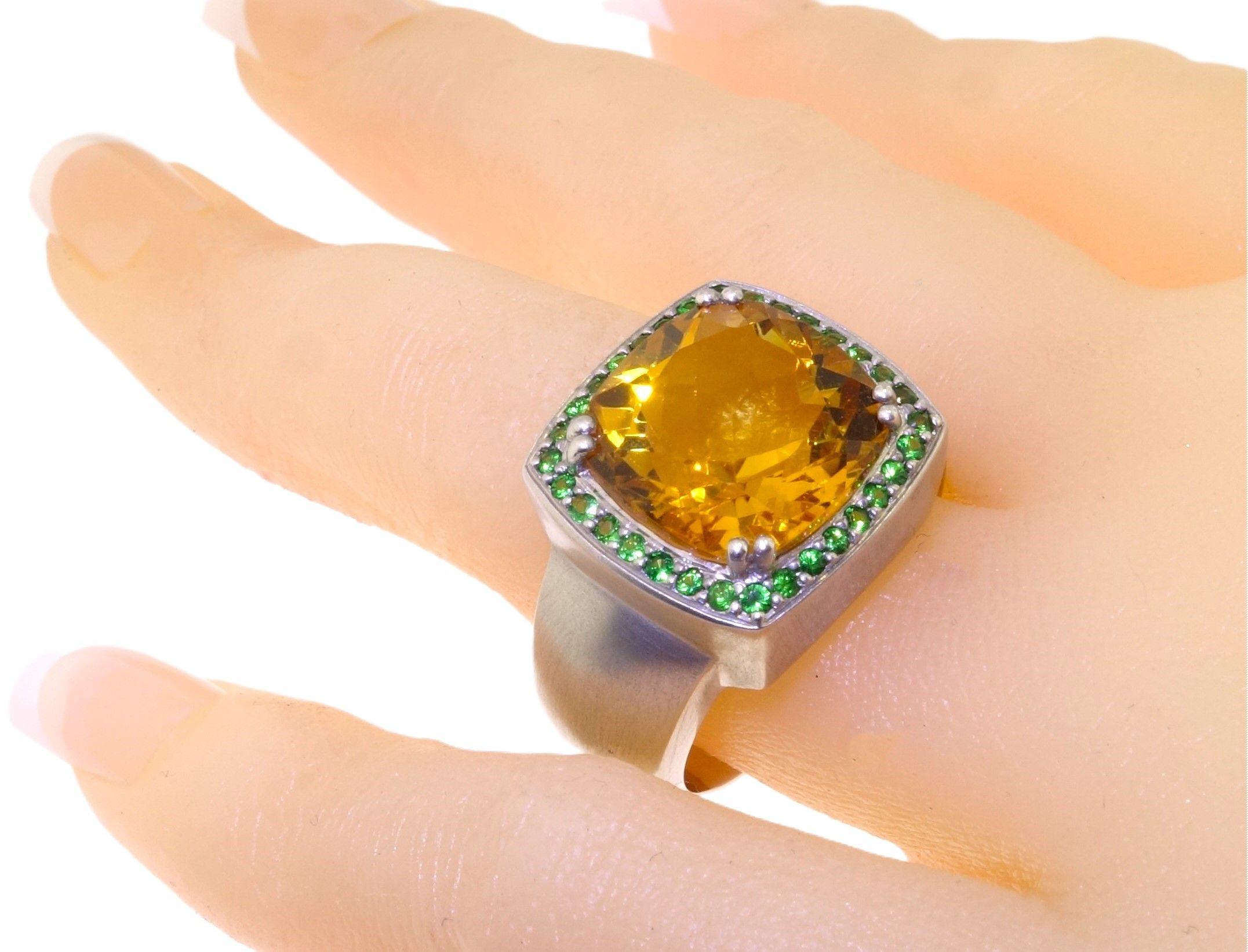 Modern Vintage 6.57 Carat Cushion Citrine and Tsavorite Sterling Silver Cocktail Ring For Sale