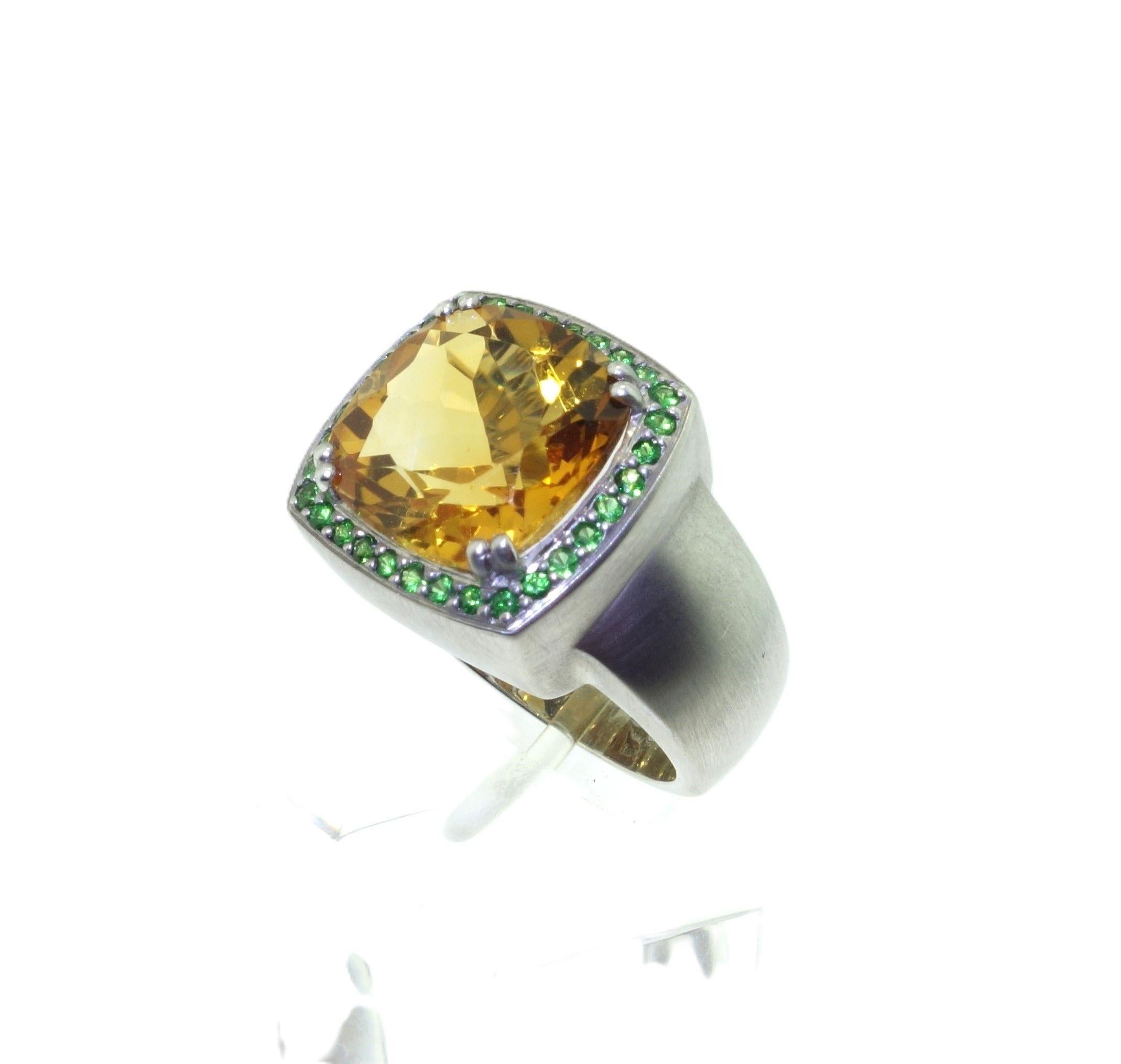 Modern Vintage 6.57 Carat Cushion Citrine and Tsavorite Sterling Silver Cocktail Ring For Sale