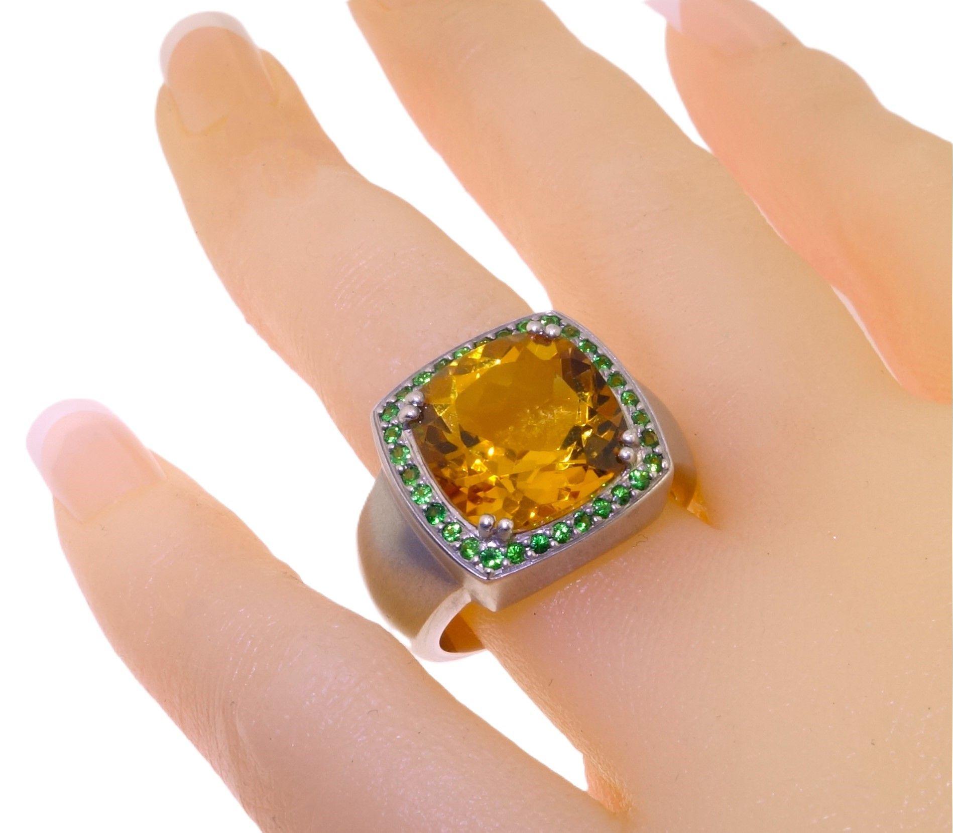 Women's Vintage 6.57 Carat Cushion Citrine and Tsavorite Sterling Silver Cocktail Ring For Sale