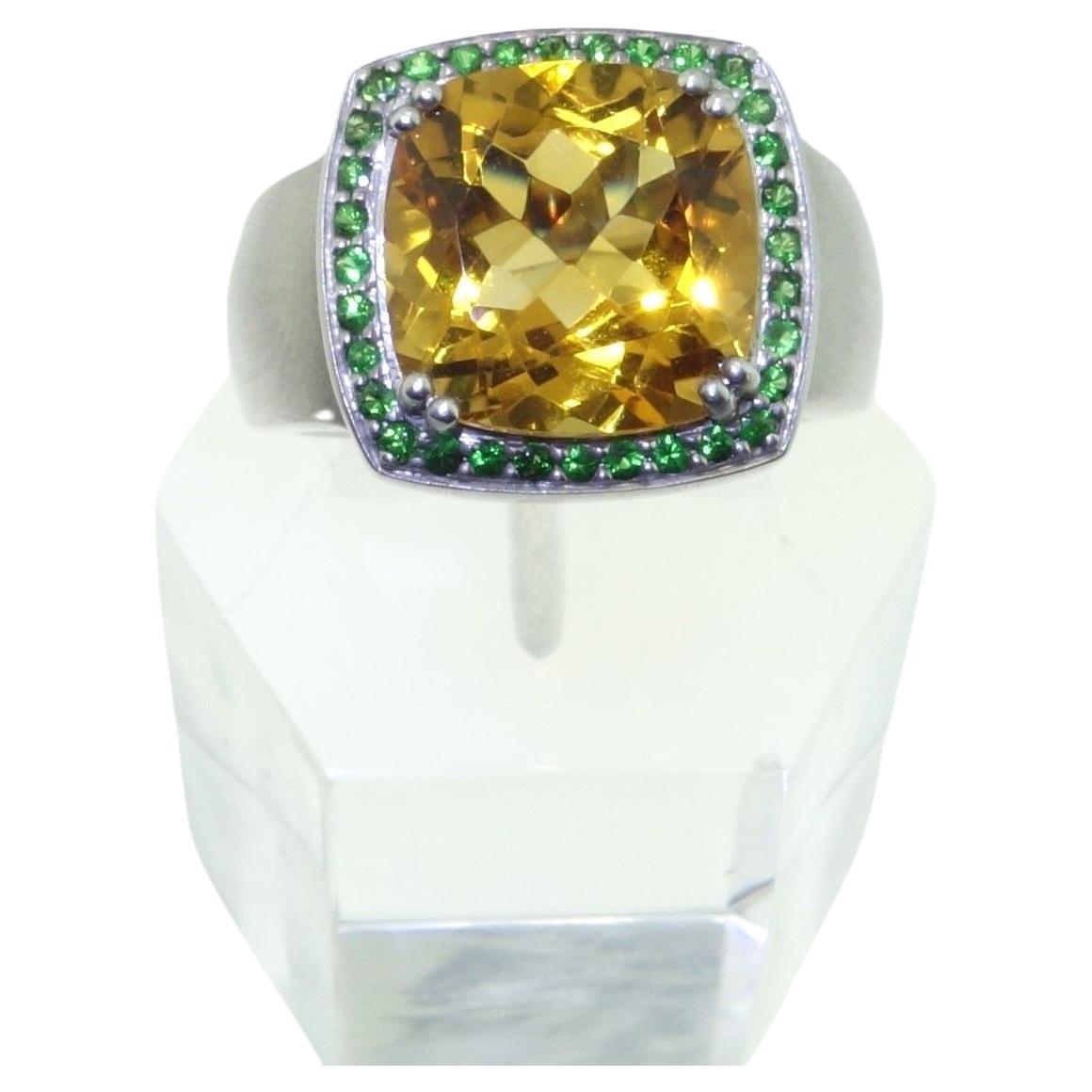 Vintage 6.57 Carat Cushion Citrine and Tsavorite Sterling Silver Cocktail Ring