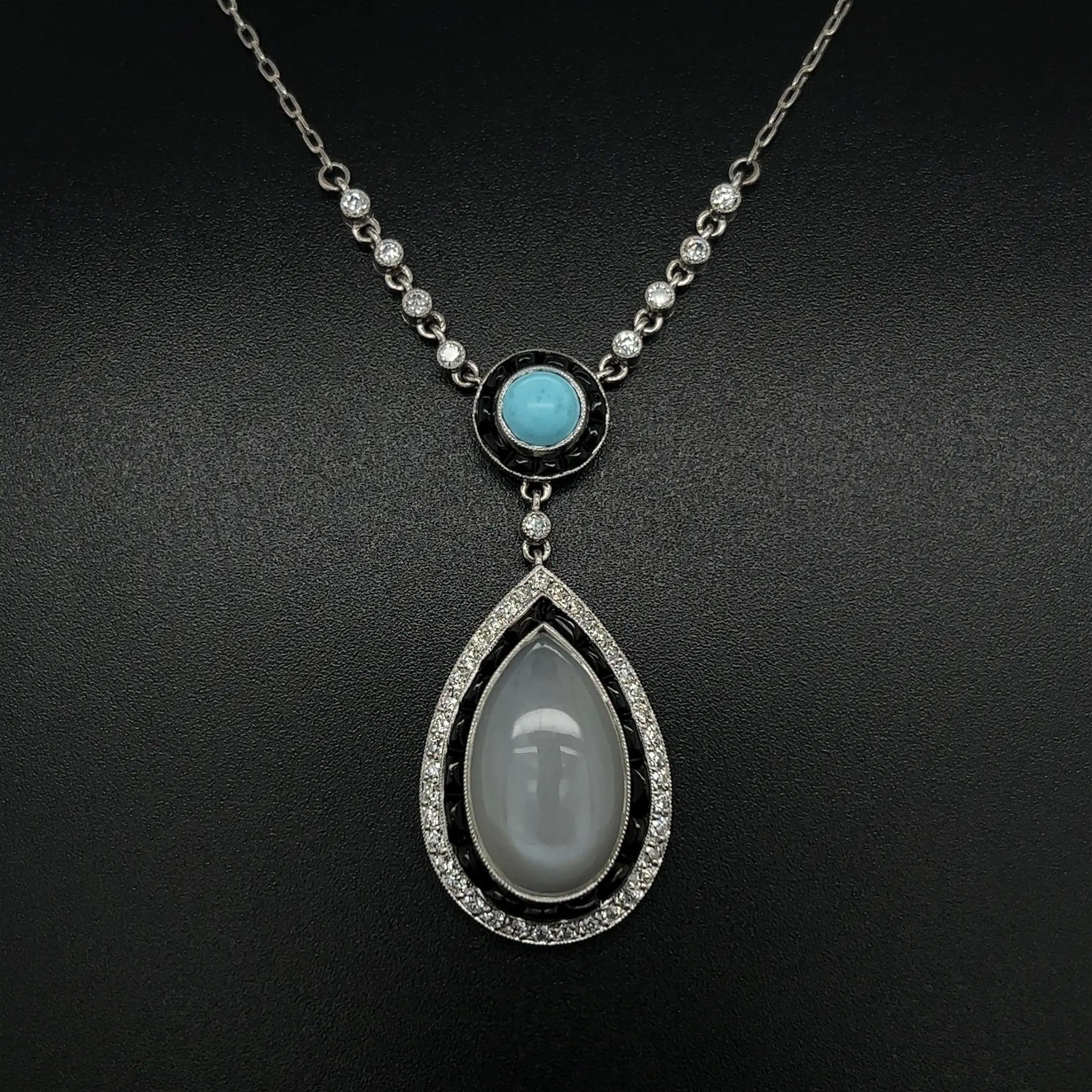 Pear Cut Vintage 6.62 Ct Moonstone Turquoise Diamond Onyx Platinum Drop Pendant Necklace For Sale