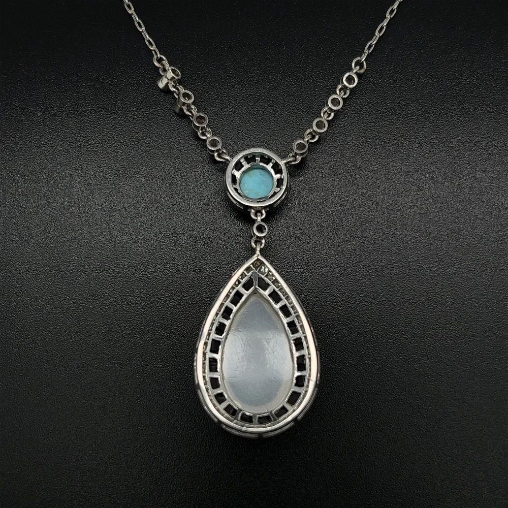 Vintage 6.62 Ct Moonstone Turquoise Diamond Onyx Platinum Drop Pendant Necklace In Excellent Condition For Sale In Montreal, QC