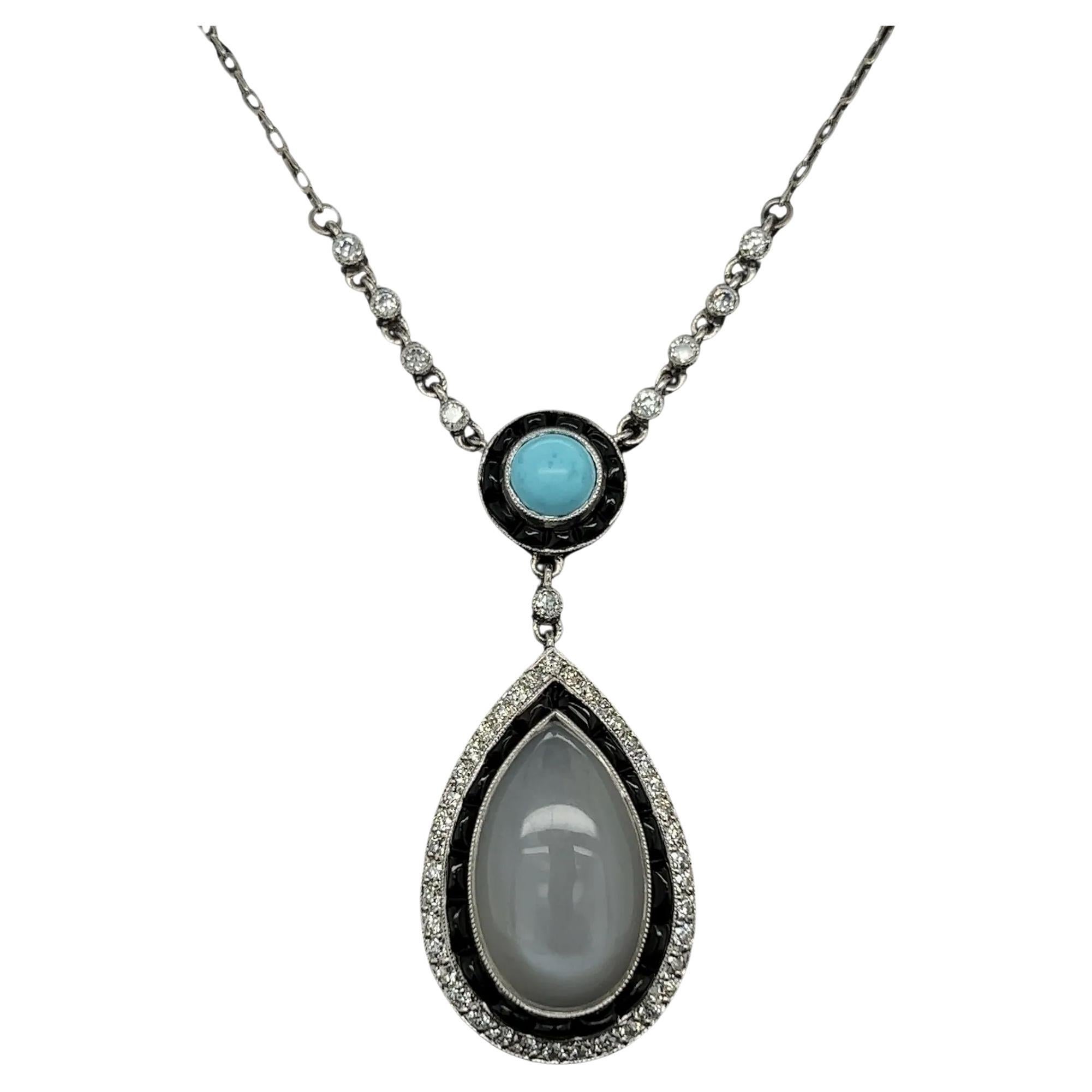 Vintage 6.62 Ct Moonstone Turquoise Diamond Onyx Platinum Drop Pendant Necklace For Sale