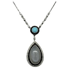 Vintage 6.62 Ct Moonstone Turquoise Diamond Onyx Platinum Drop Pendant Necklace