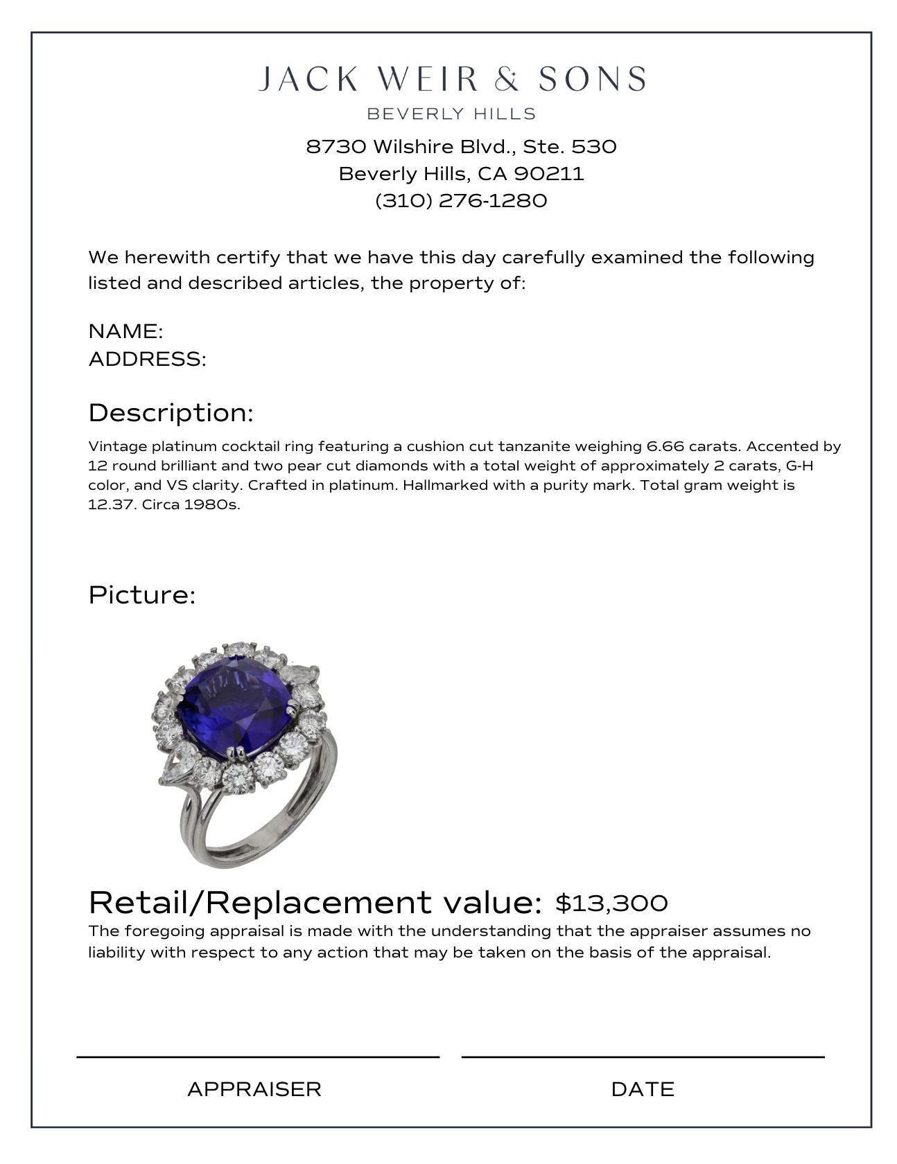 Cushion Cut Vintage 6.66 carat tanzanite diamond platinum cocktail ring For Sale