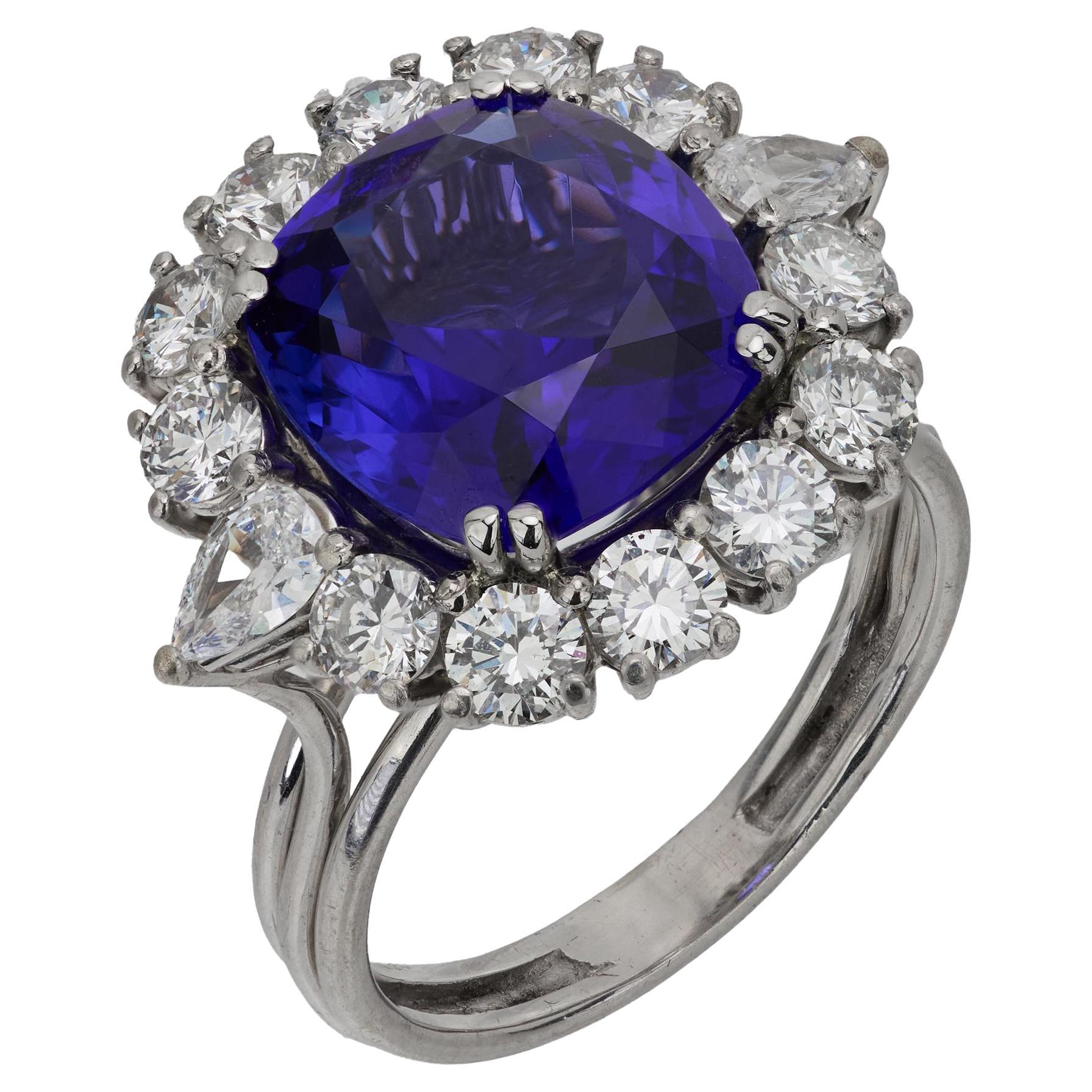 Vintage 6.66 carat tanzanite diamond platinum cocktail ring For Sale