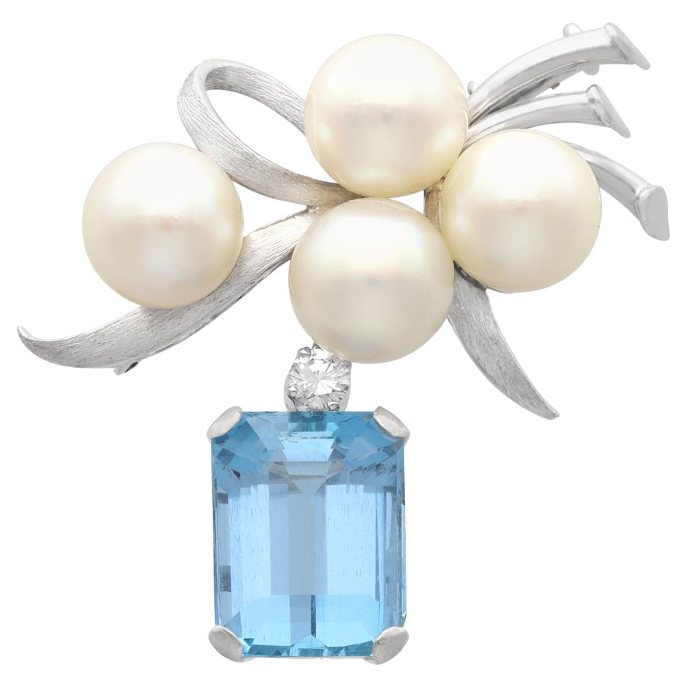 Vintage 6.68 Carat Aquamarine Pearl Diamond White Gold Brooch