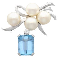 Vintage 6.68 Carat Aquamarine Pearl Diamond White Gold Brooch