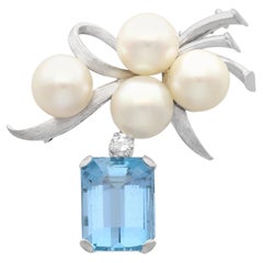 Vintage 6.68 Carat Aquamarine Pearl Diamond White Gold Brooch