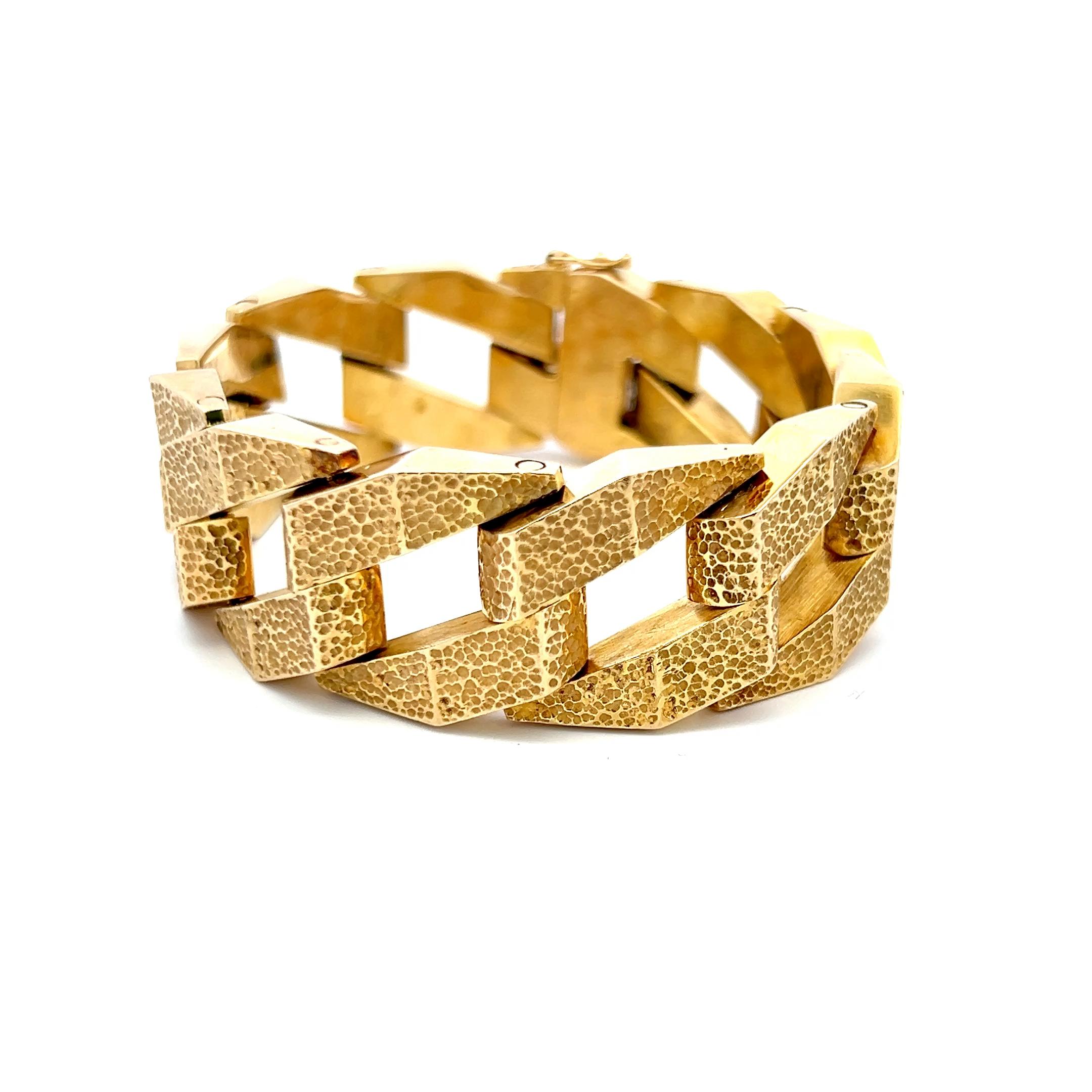 Pulsera de eslabones pavimentados vintage de oro amarillo de 14 quilates de 66,90 gramos en venta 1