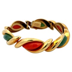 Vintage 67.40 Grams Jade and Coral 18 Karat Yellow Gold Link Bracelet