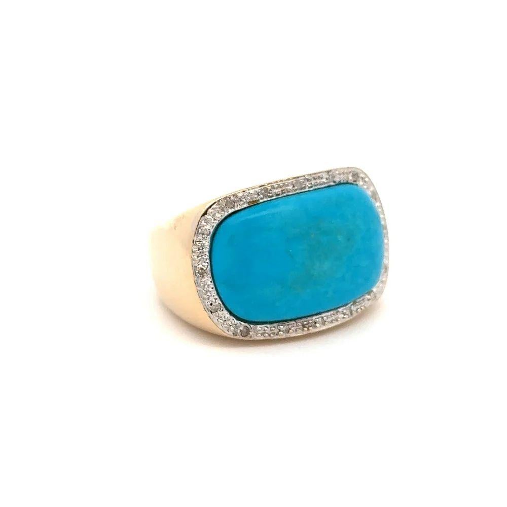Simply Beautiful! Vintage Cabochon Turquoise and Diamond Gold Statement Cocktail Ring. Securely centering a Cabochon Turquoise, weighing approx. 6.85 Carat. Surrounded by Single Cut Diamonds, approx. 0.16tcw. Finely Hand-crafted 14K Yellow Gold
