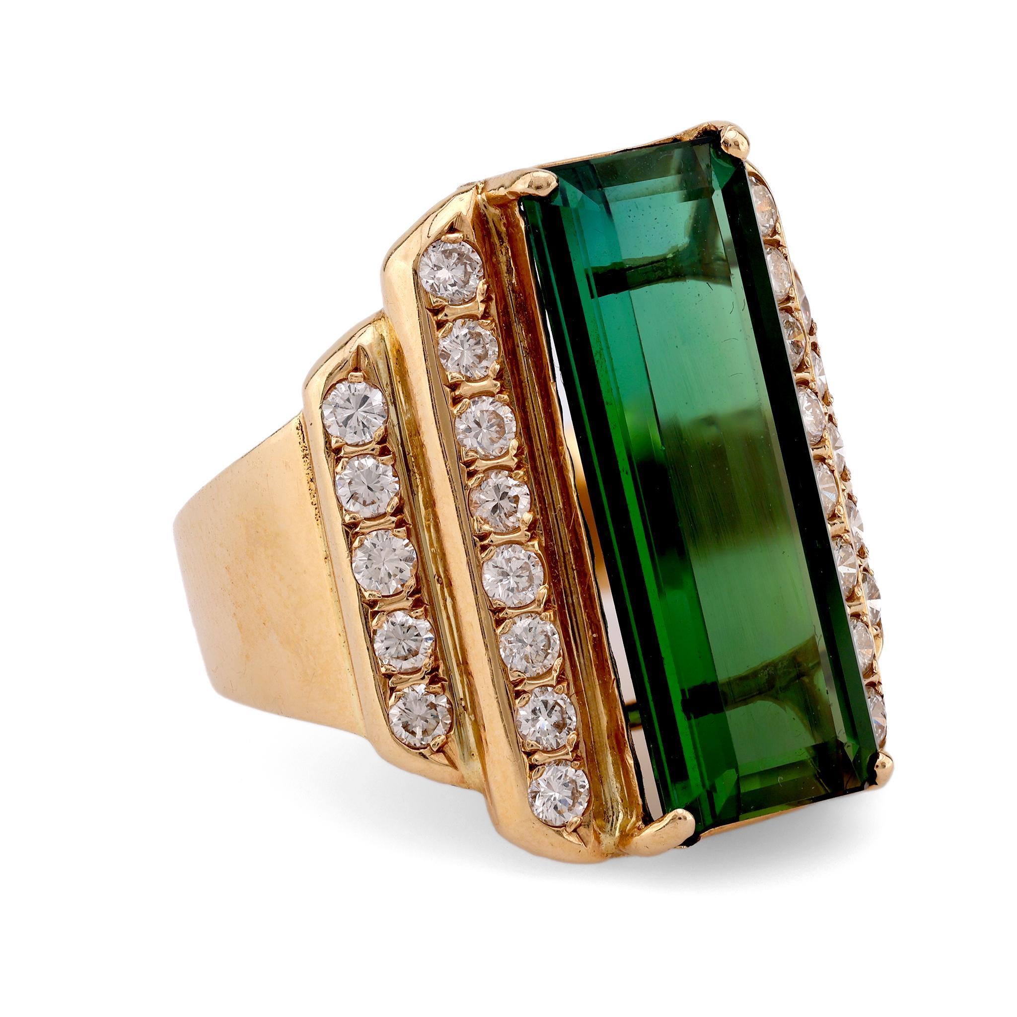 Taille baguette Bague cocktail vintage en or jaune 14 carats avec tourmaline de 6,9 carats et diamants en vente