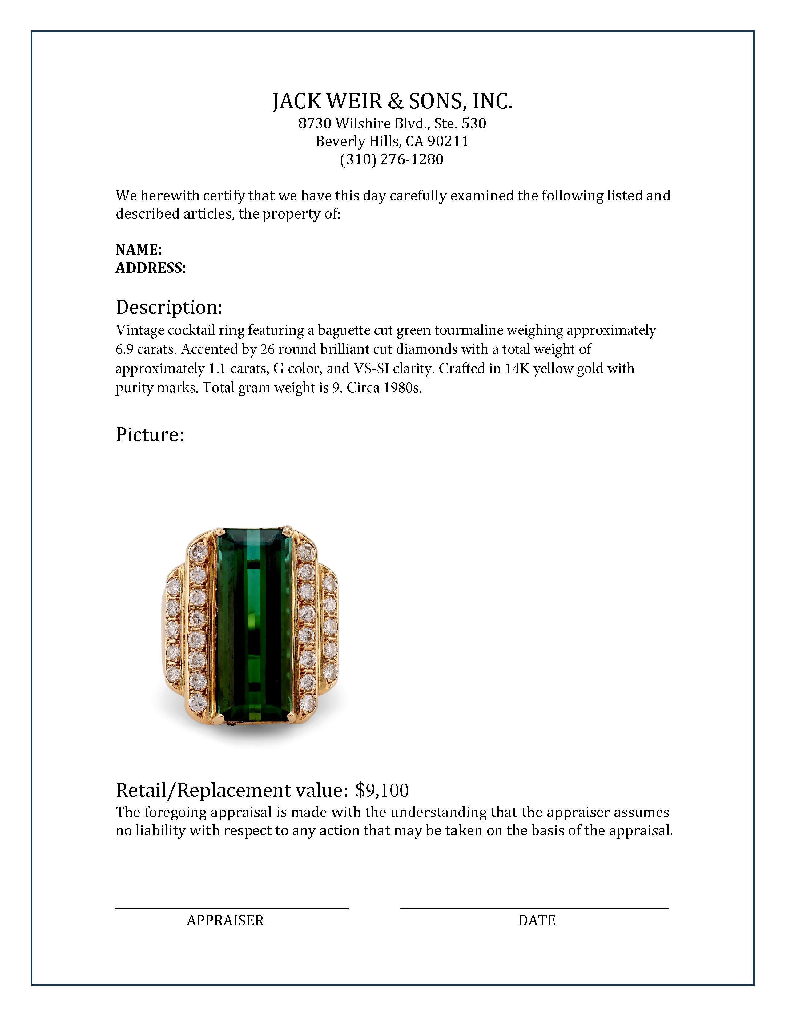 Bague cocktail vintage en or jaune 14 carats avec tourmaline de 6,9 carats et diamants Unisexe en vente